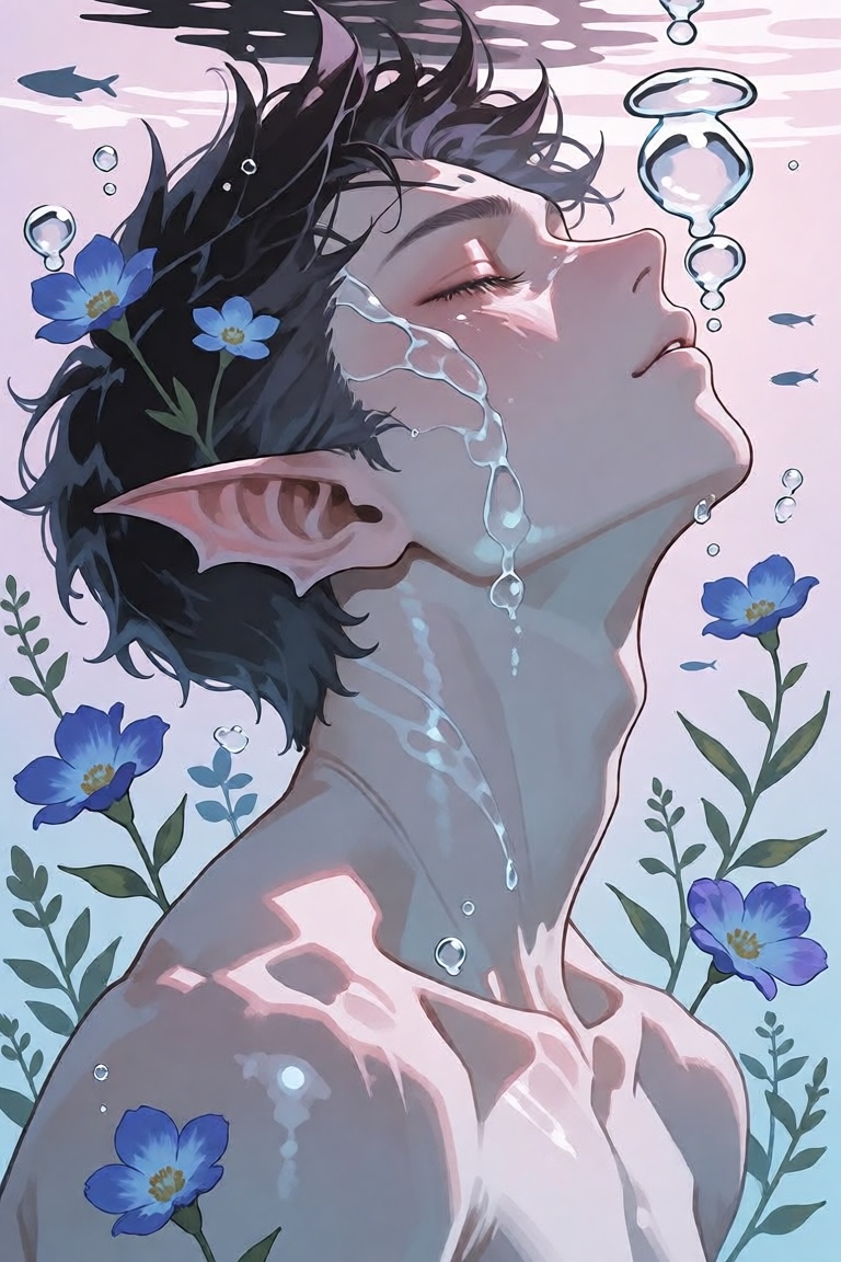 A beautiful androgynous young man submerged underwater,  head tilted back with eyes closed in serene expression,  delicate...