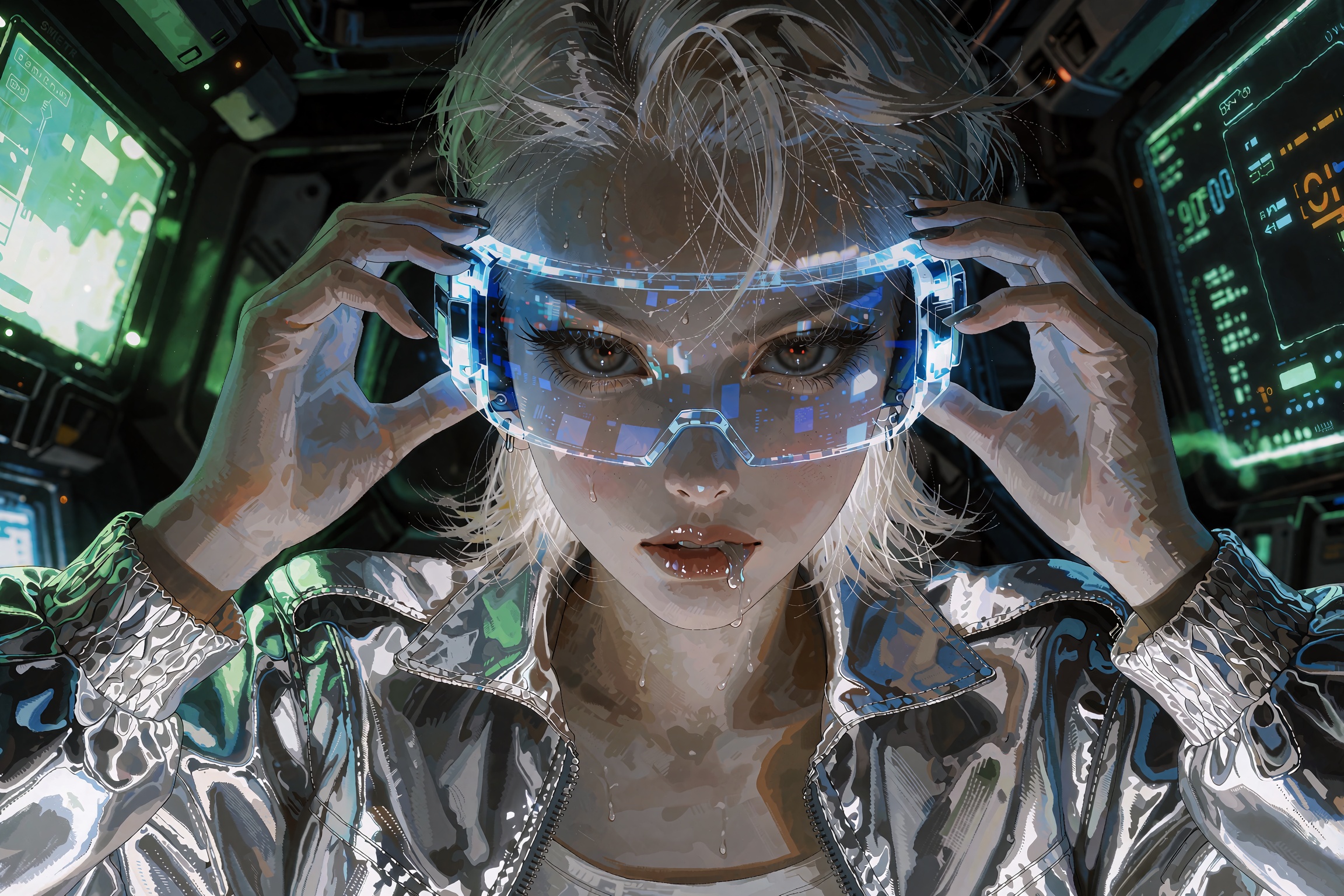 @**1EXTR,  young woman with platinum blonde undercut,  silver metallic jacket on Tensor.Art