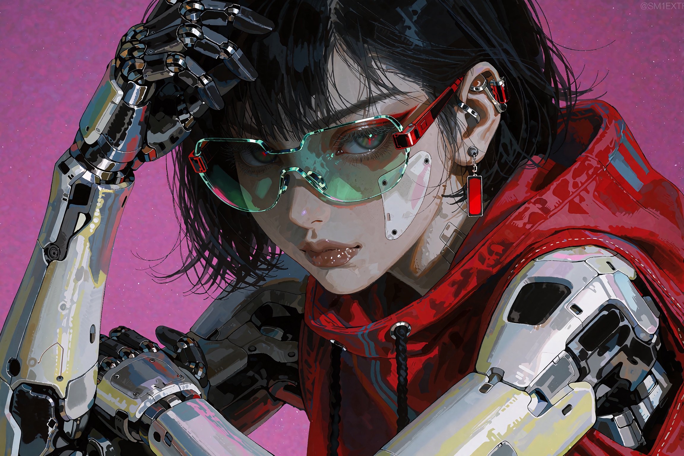 @**1EXTR,  A close-up anime-style portrait of a pale-skinned young woman with straight black bangs and highly detailed mec...
