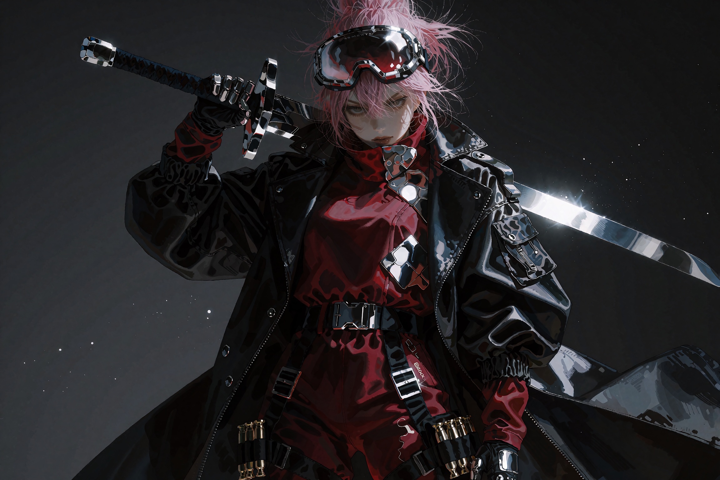 @**1EXTR,  An anime-style illustration of a young woman with a messy pink hair bun wearing a futuristic silver visor,  pos...