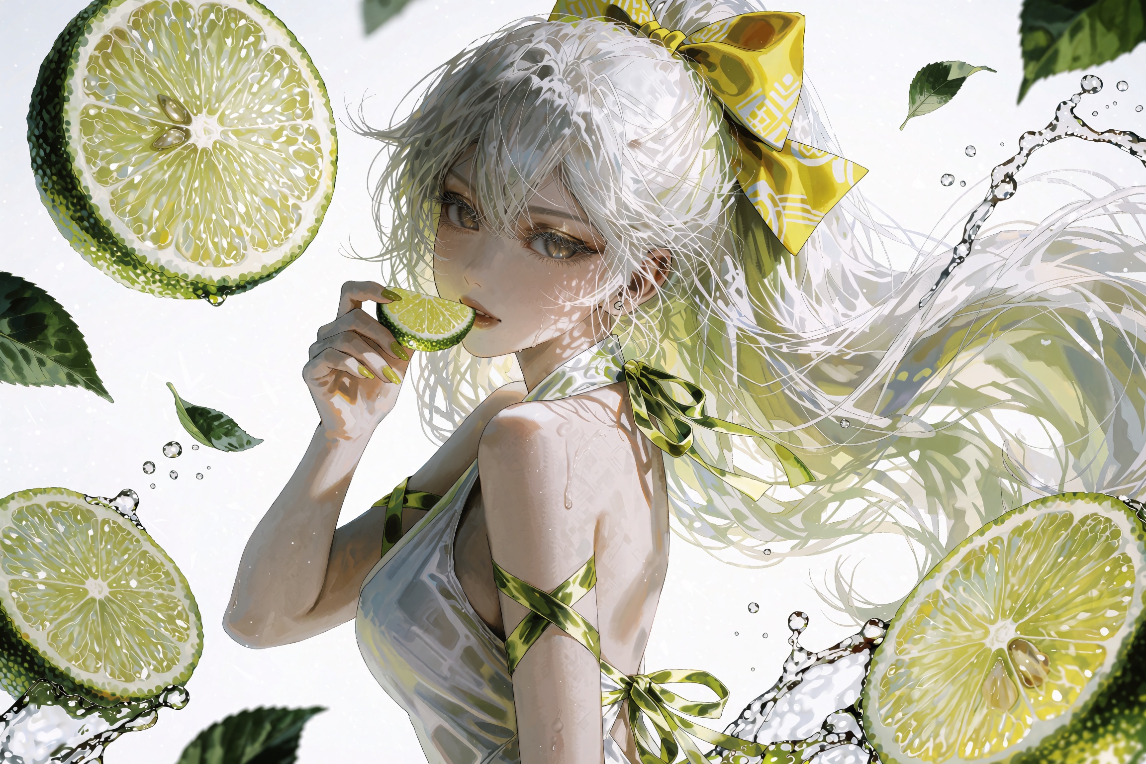 @**1EXTR,  young anime voluptuous woman with flowing white hair and bright chartreuse eyes holding a tiny lime wedge to he...