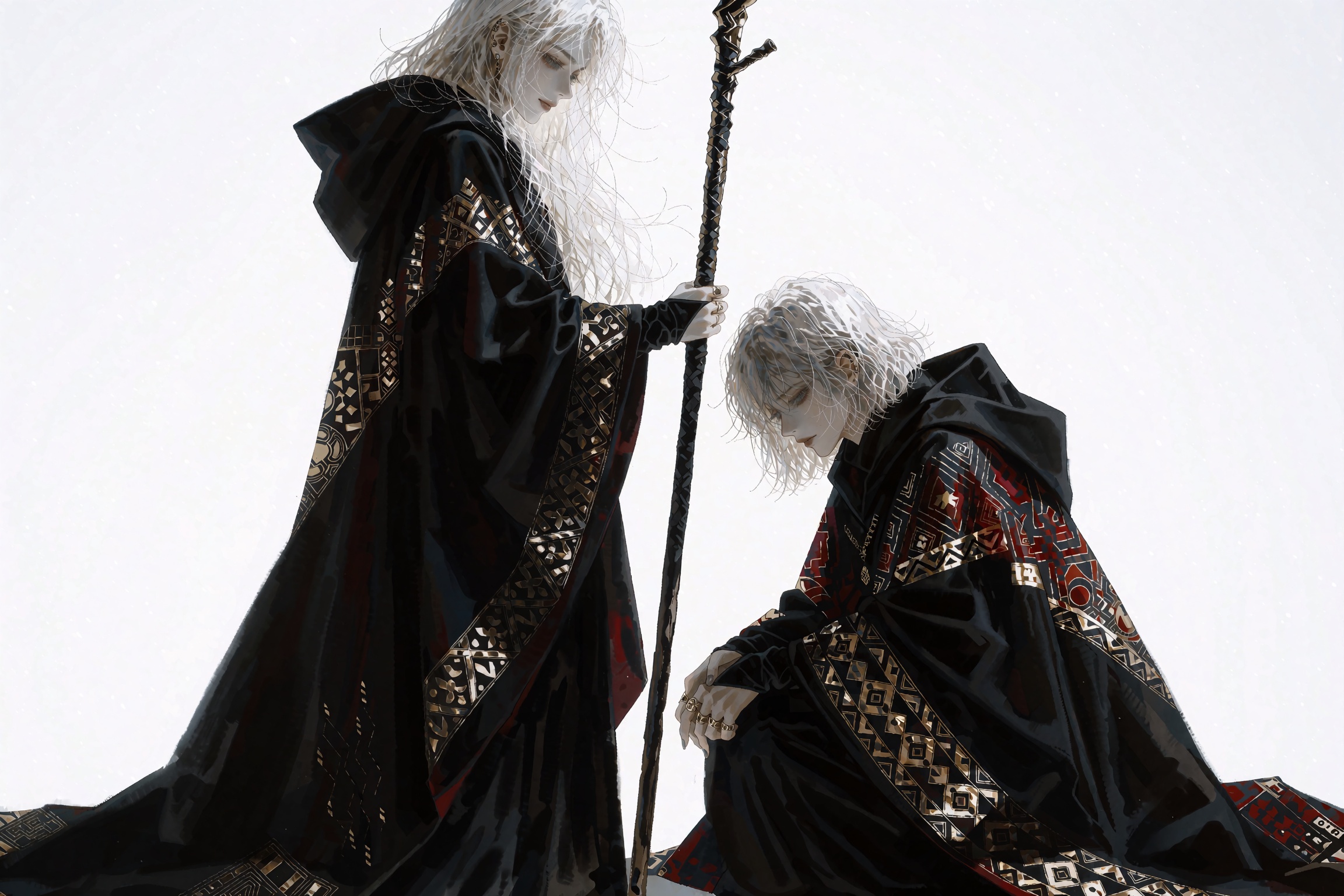 @**1EXTR,  two pale women in ornate black cloaks,  standing figure with long white hair and a thin staff on Tensor.Art