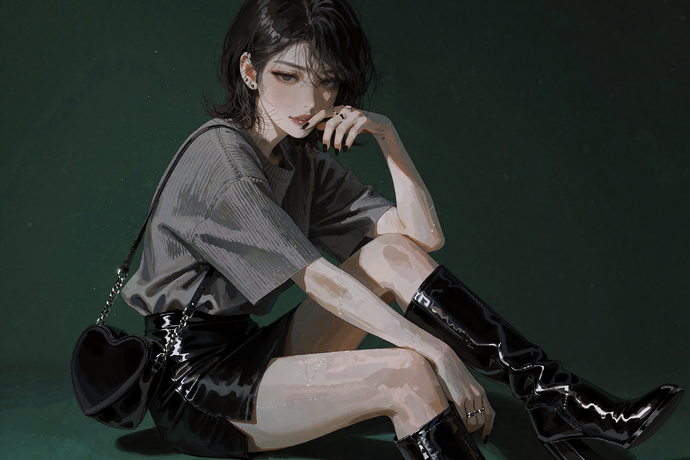 @**1EXTR,  A stylized digital illustration of a young woman seated against a solid forest-green backdrop. She has short da...