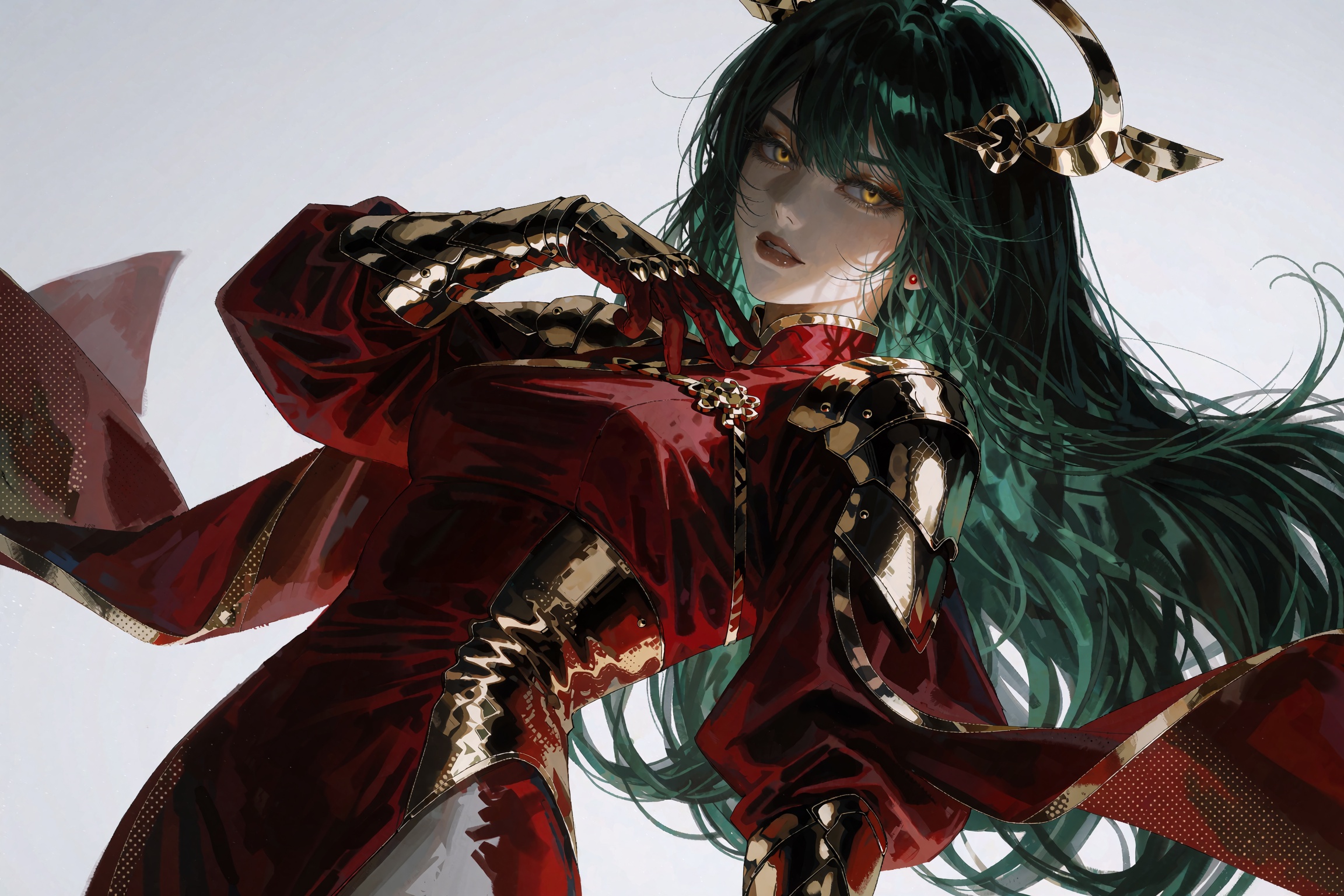 @**1EXTR,  A stylized anime portrait of a female warrior leaning back dynamically and glancing over her shoulder against a...