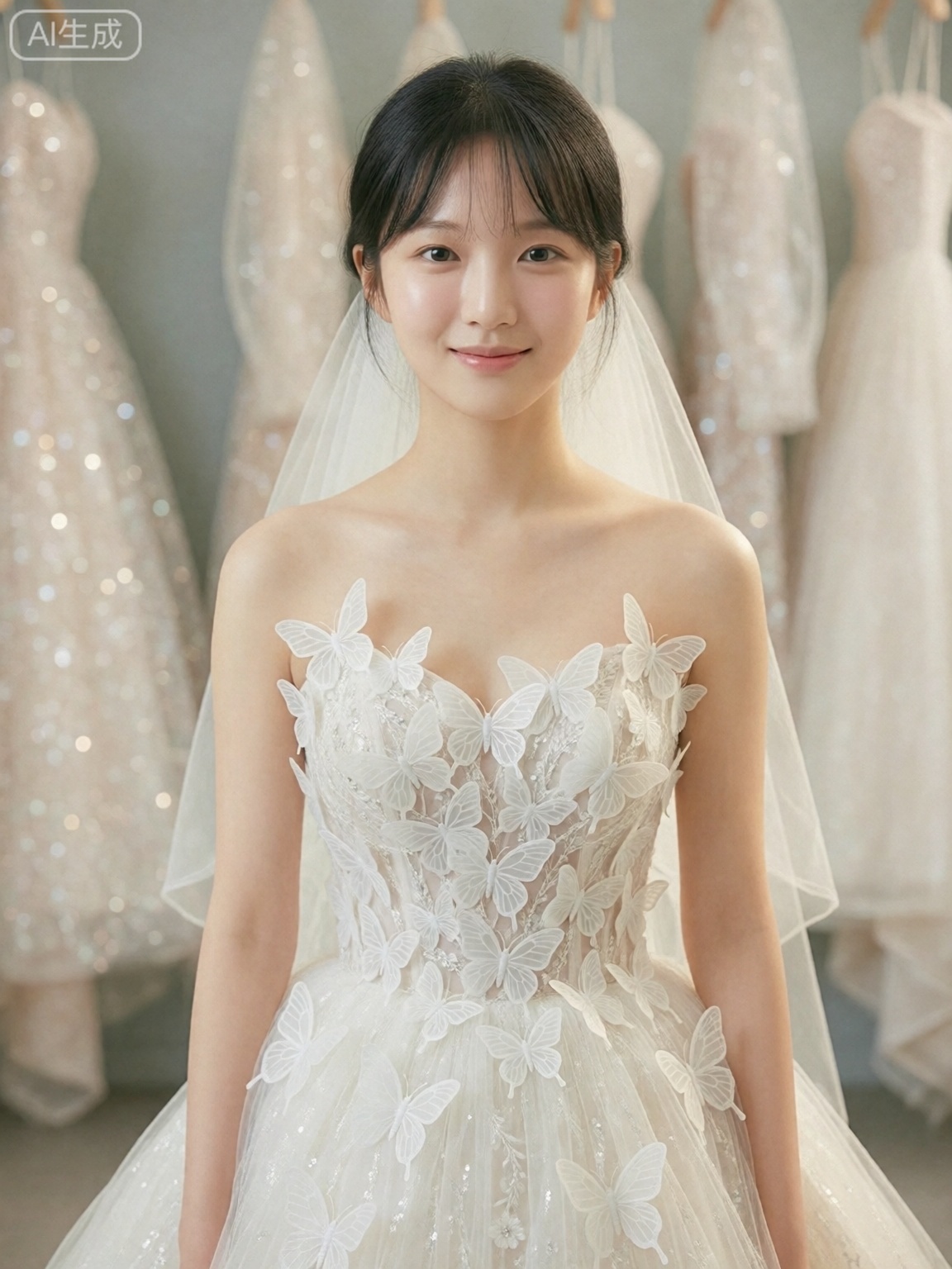 In the softly lit room of a bridal salon,  a high-resolution photograph captures a young East Asian woman. She has a fair...