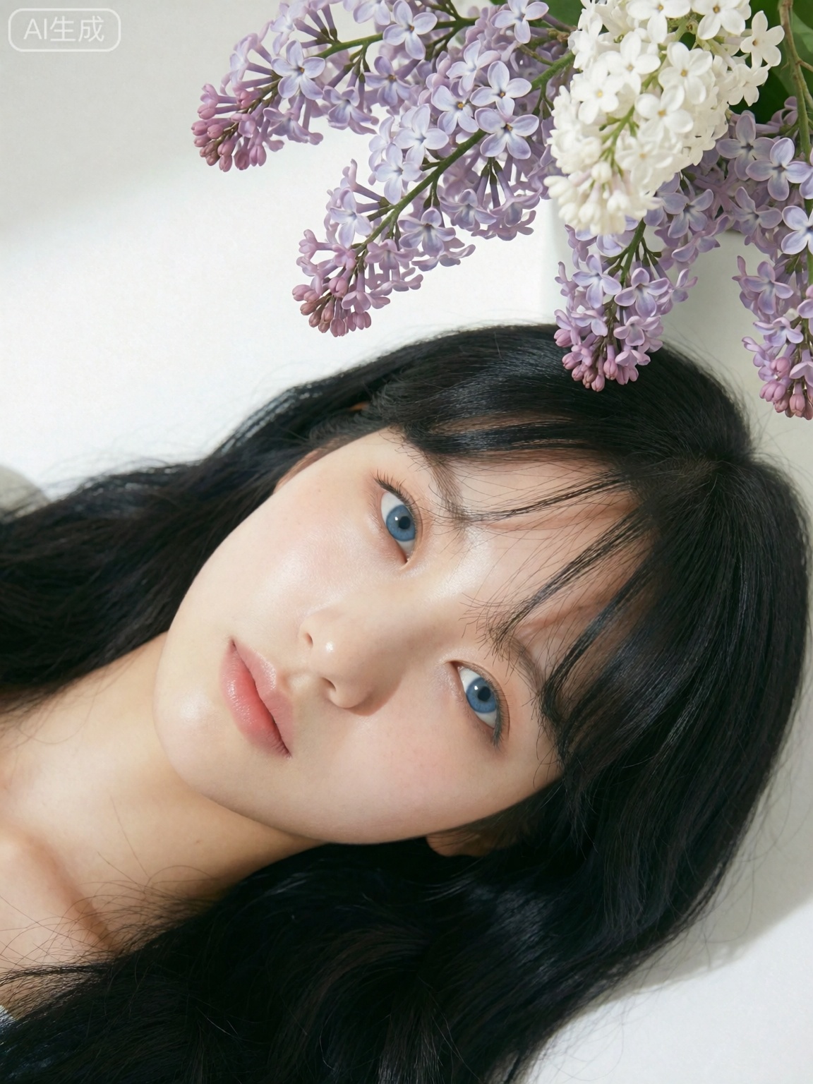 This is a photograph of a young woman with fair skin and striking blue eyes,  lying down with her head tilted slightly to...