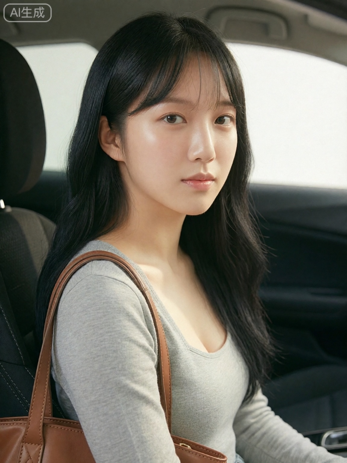 a photo-realistic shoot from the side about a young woman sitting in a car,  looking directly at the camera with a neutral...