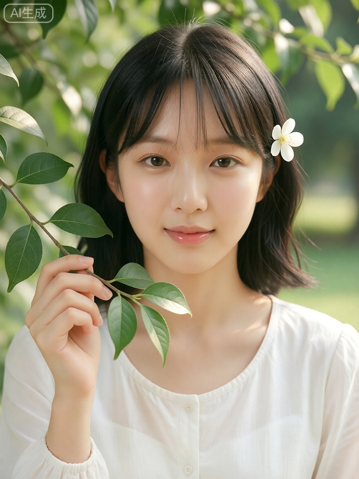 sweet girl,  a photo-realistic shoot from a close-up camera angle about a young woman holding a branch of green leaves wit...