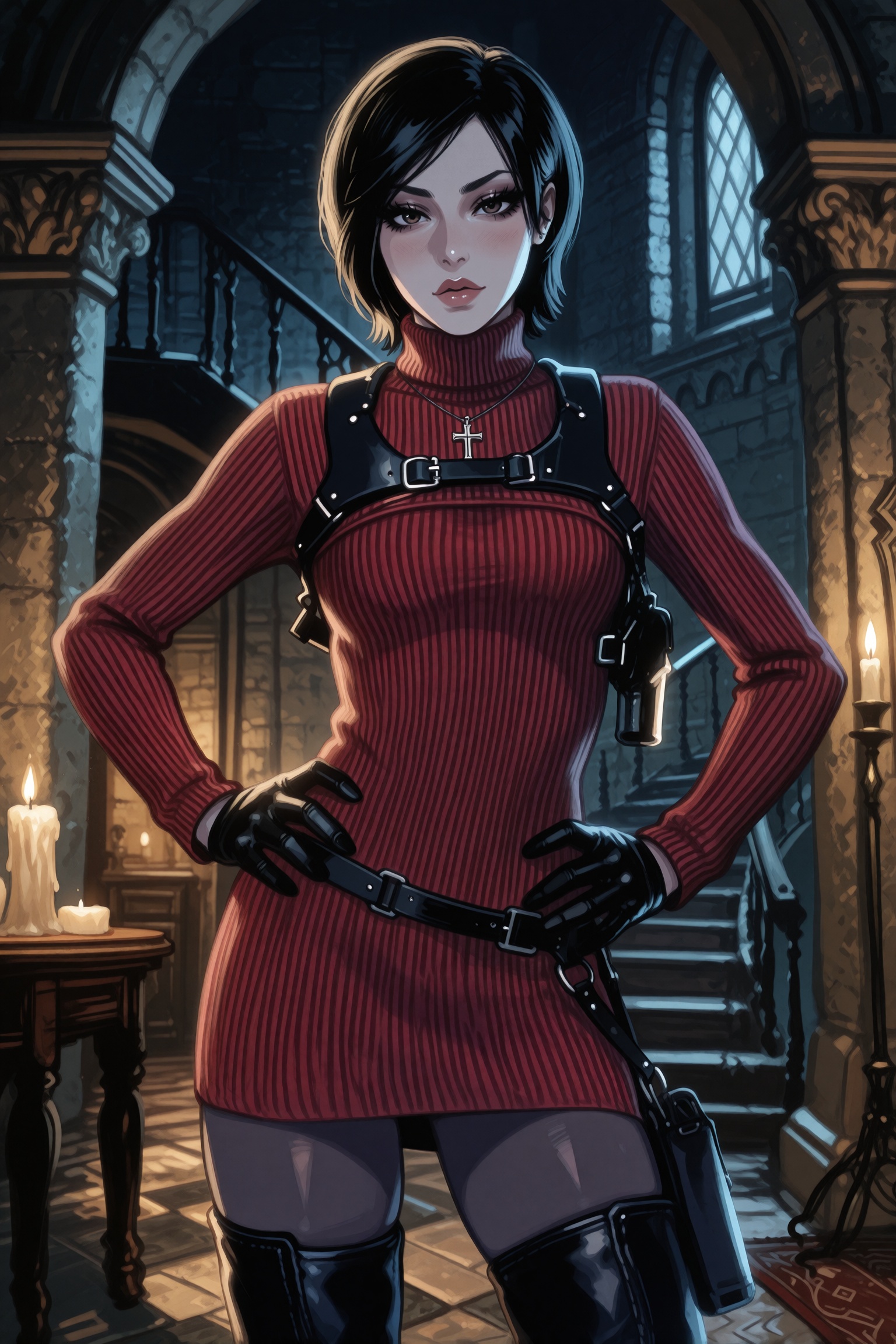 Vv.LXVIII - Crave. Vv.LXVIII - RE4R-Ada_Wong,  she is wearing a silver Catholic Cross necklace,  pale skin on Tensor.Art