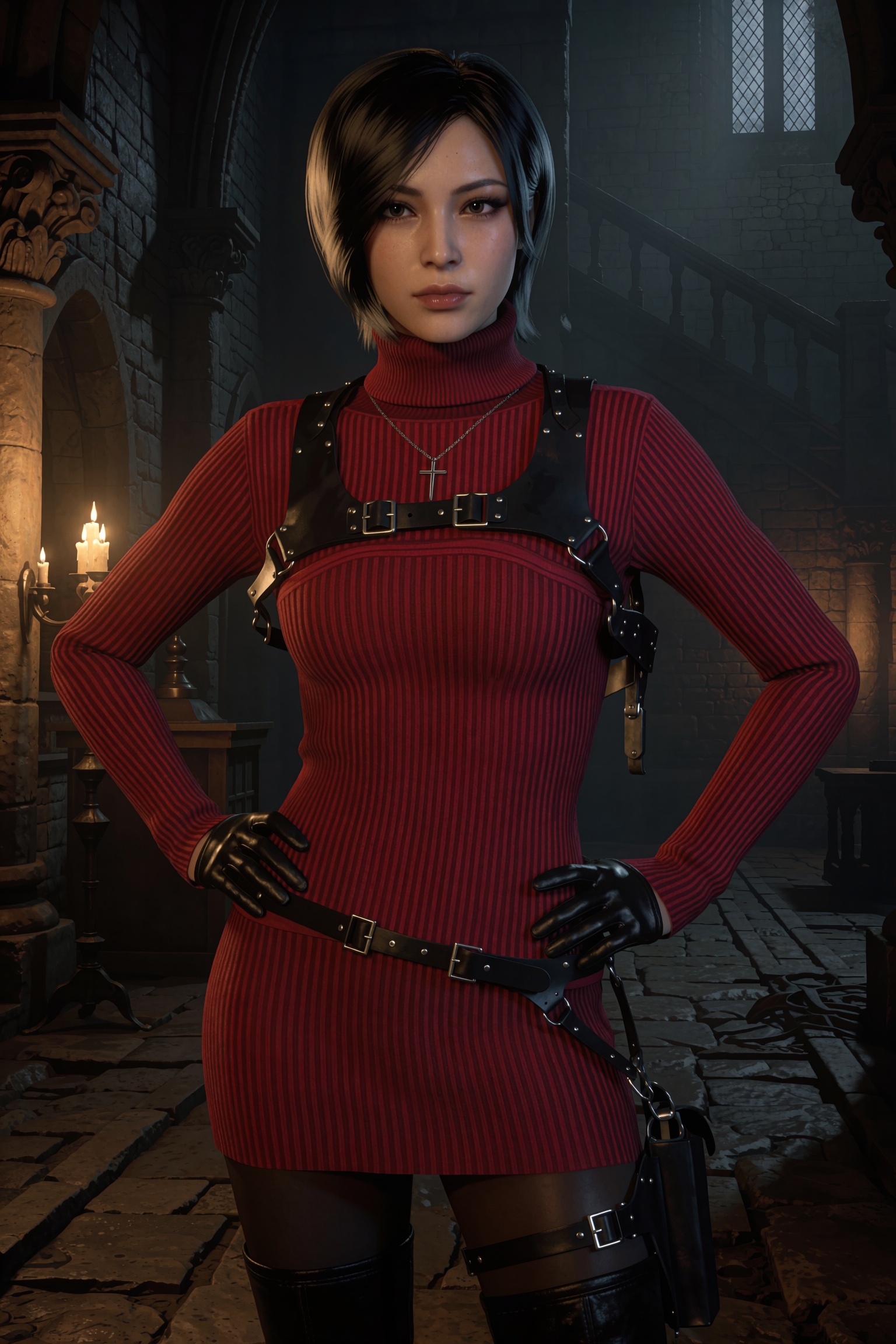 3d game render,  Vv.LXVIII - RE4R-Ada_Wong,  she is wearing a silver Catholic Cross necklace on Tensor.Art