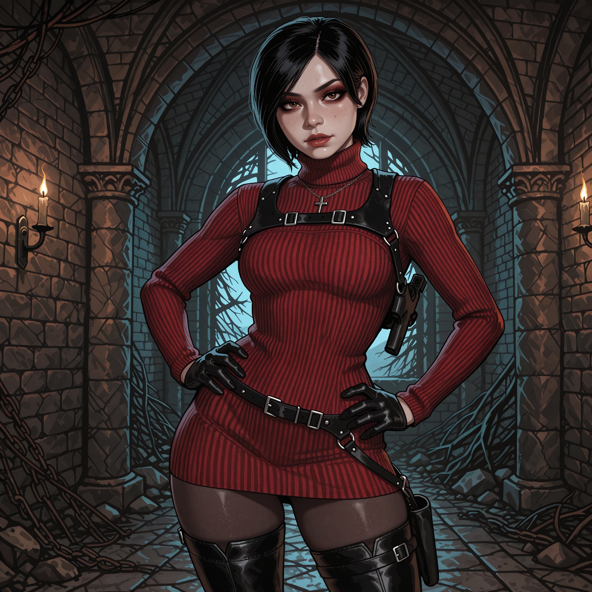Vv.LXVIII - Acumen,  Vv.LXVIII - RE4R-Ada_Wong,  she is wearing a silver Catholic Cross necklace on Tensor.Art