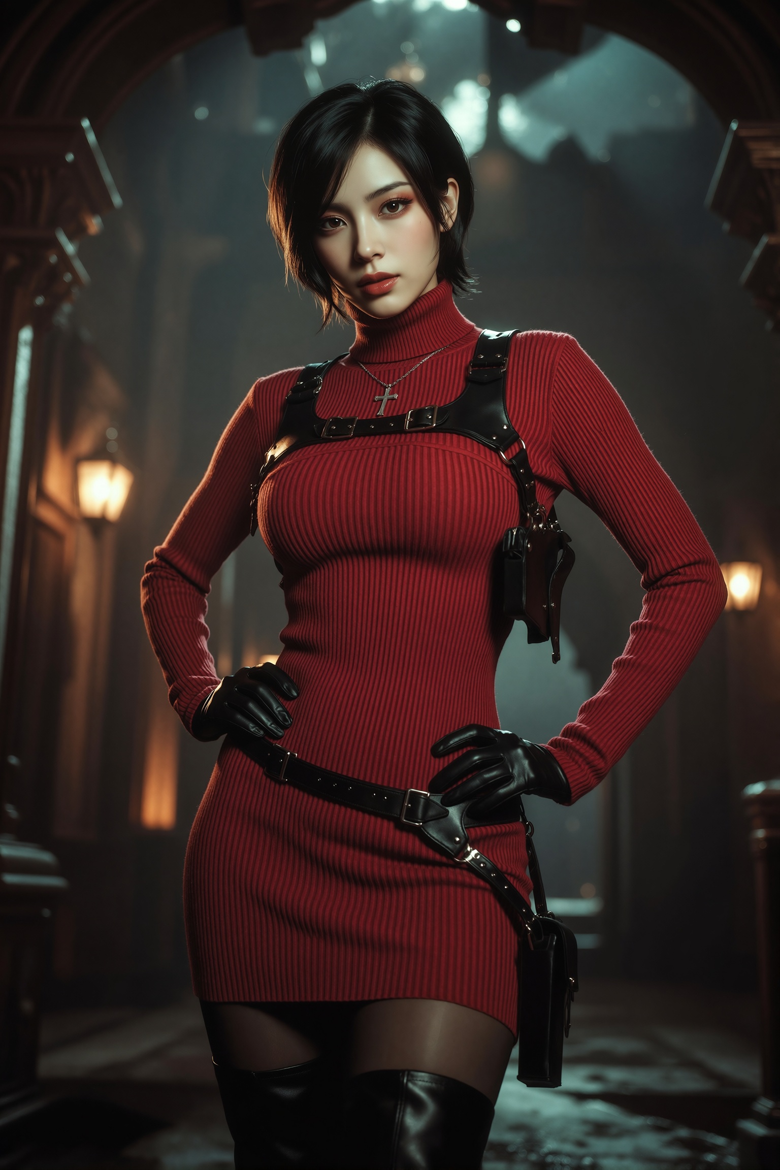 Cinematic photography,  Vv.LXVIII - RE4R-Ada_Wong,  she is wearing a silver Catholic Cross necklace on Tensor.Art