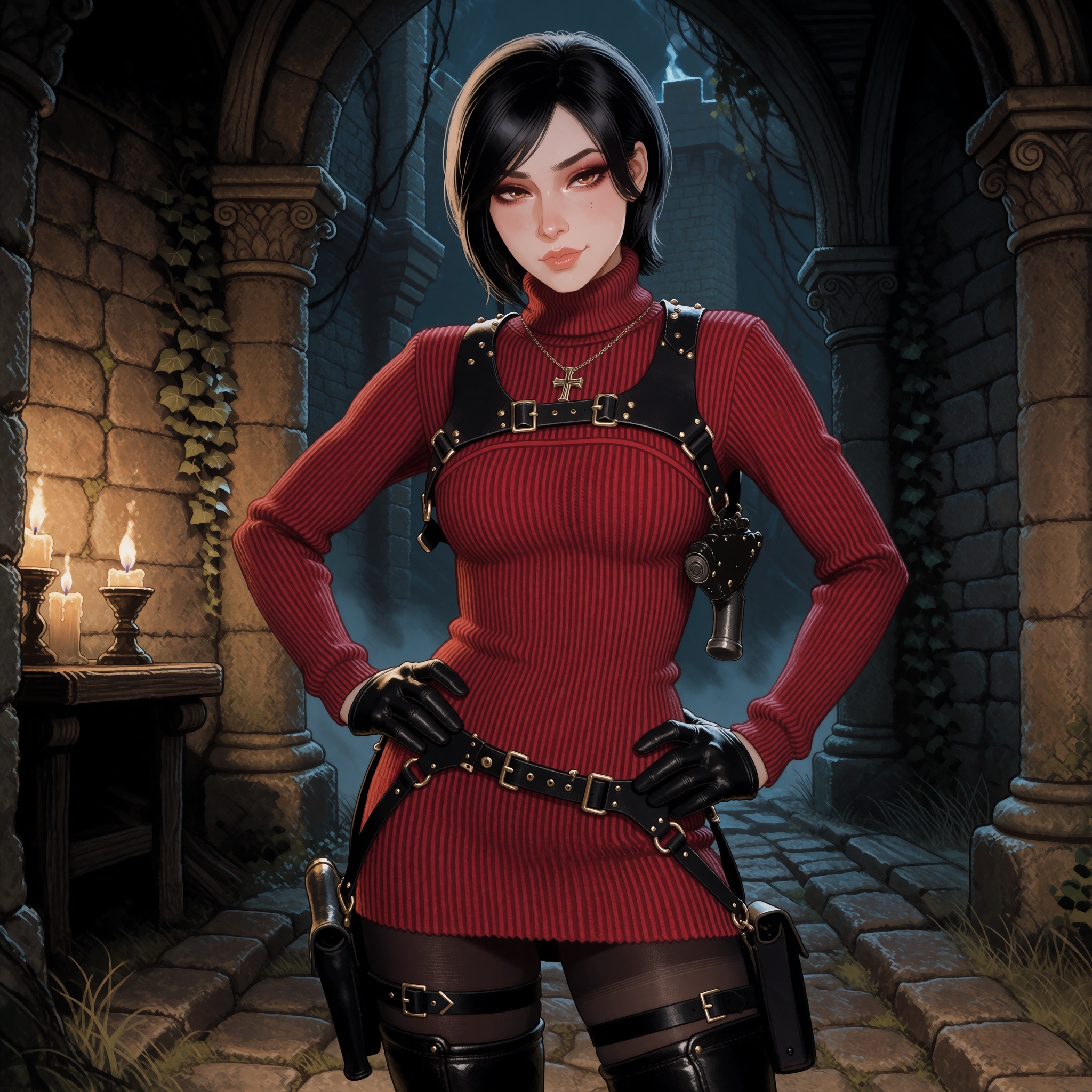 Vv.LXVIII - Requiem. Vv.LXVIII - RE4R-Ada_Wong,  she is wearing a silver Catholic Cross necklace,  pale skin on Tensor.Art