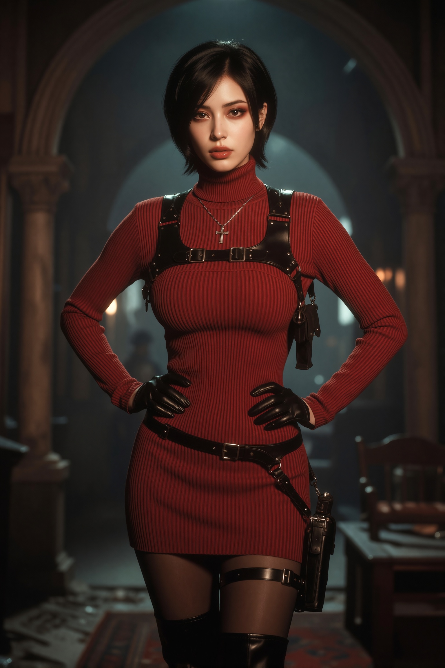 Cinematic photography,  Vv.LXVIII - RE4R-Ada_Wong,  she is wearing a silver Catholic Cross necklace on Tensor.Art