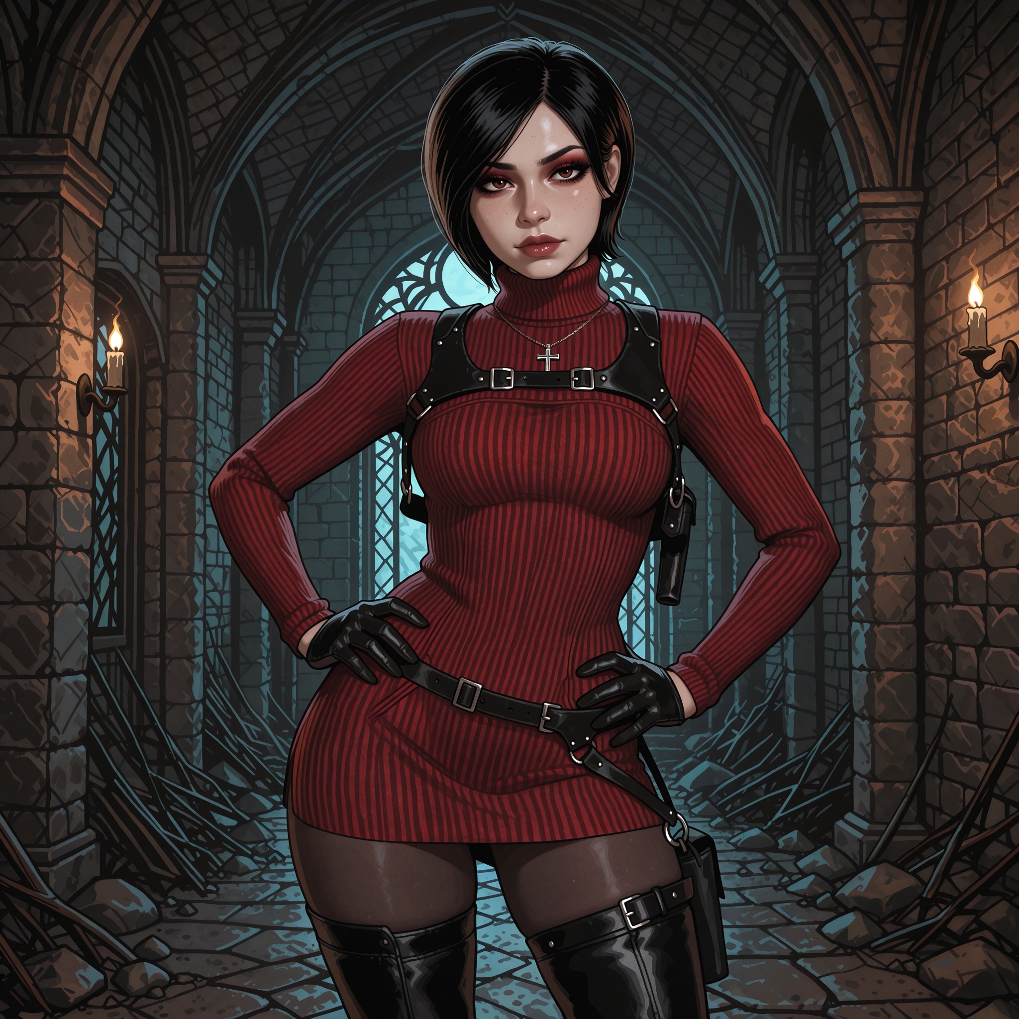 Vv.LXVIII - Acumen,  Vv.LXVIII - RE4R-Ada_Wong,  she is wearing a silver Catholic Cross necklace on Tensor.Art