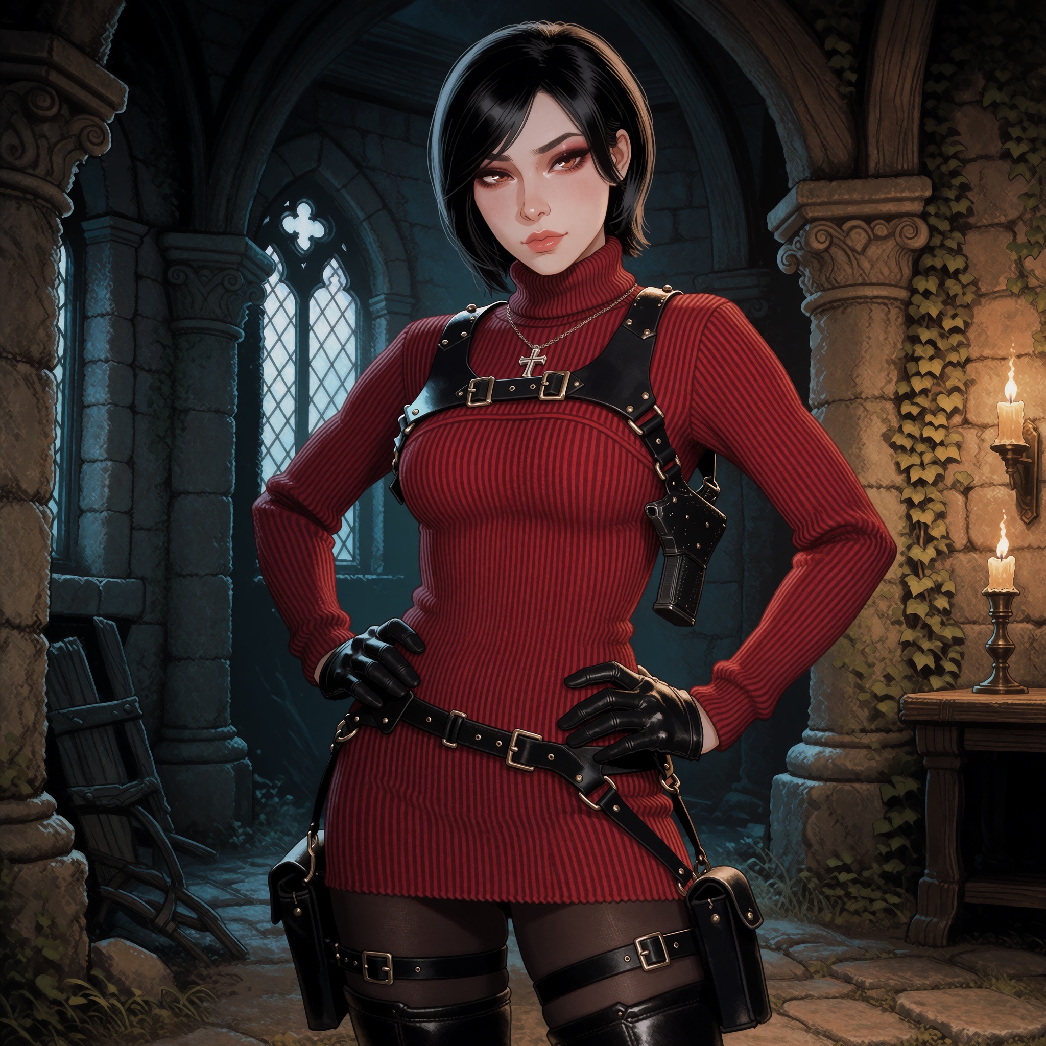 Vv.LXVIII - Requiem. Vv.LXVIII - RE4R-Ada_Wong,  she is wearing a silver Catholic Cross necklace,  pale skin on Tensor.Art