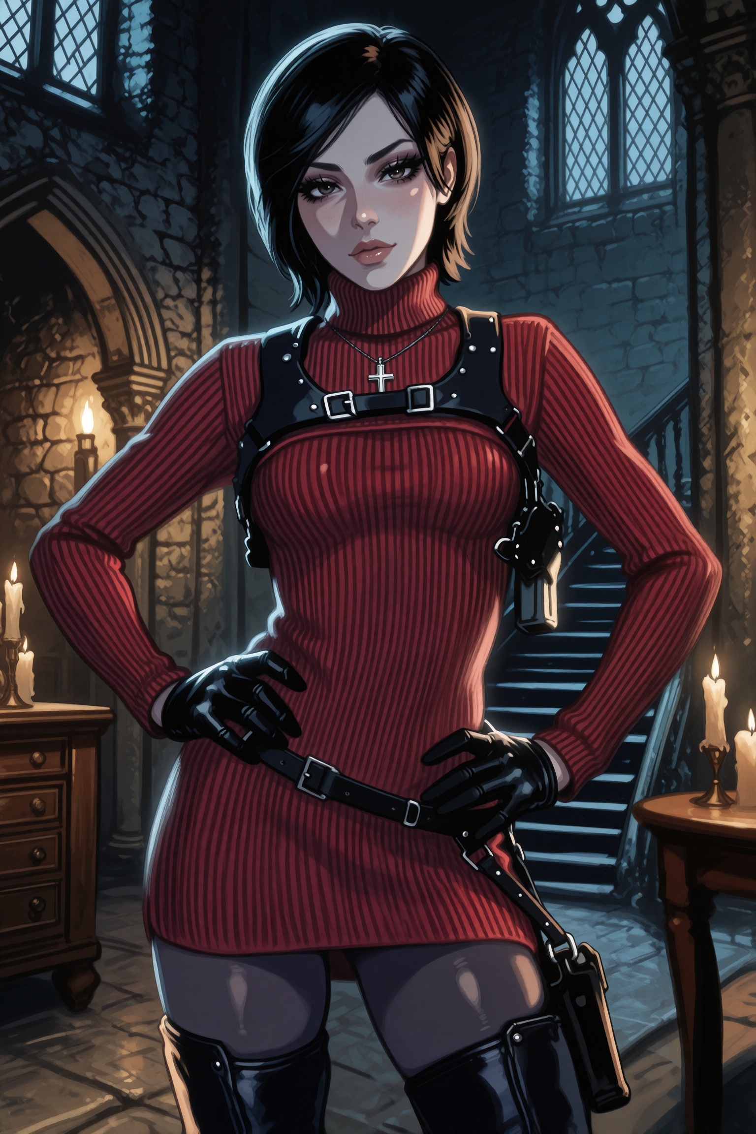 Vv.LXVIII - Crave. Vv.LXVIII - RE4R-Ada_Wong,  she is wearing a silver Catholic Cross necklace,  pale skin on Tensor.Art