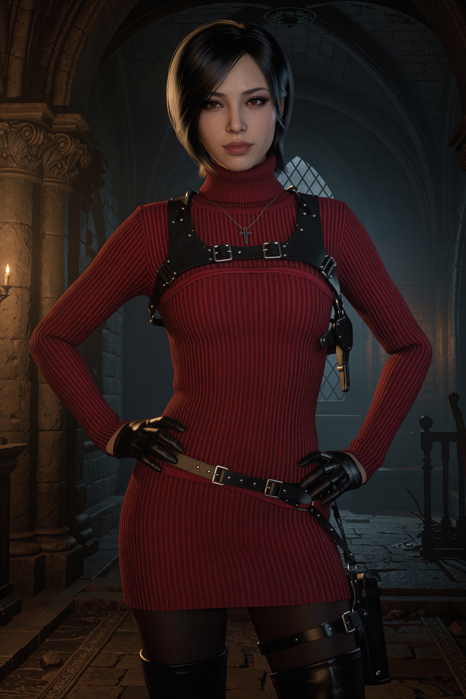 3d game render,  Vv.LXVIII - RE4R-Ada_Wong,  she is wearing a silver Catholic Cross necklace on Tensor.Art
