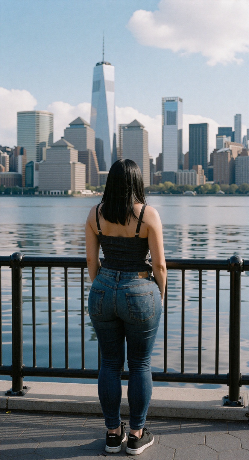 A young woman with black hair stands facing away from the camera,  looking out over a body of water toward a distant city...