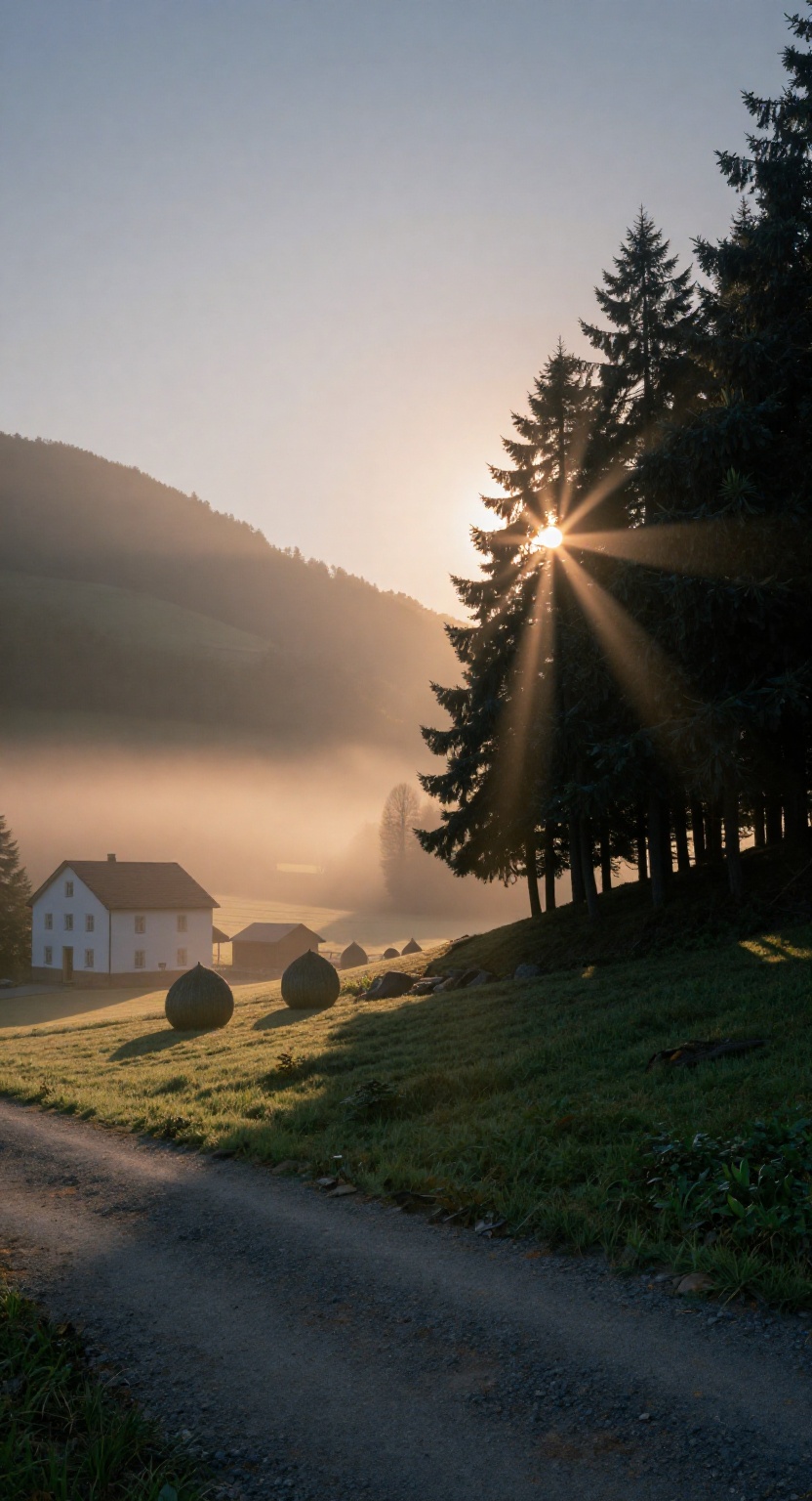 This is a breathtaking,  atmospheric landscape photograph capturing a misty sunrise in a rural,  mountainous valley. The s...