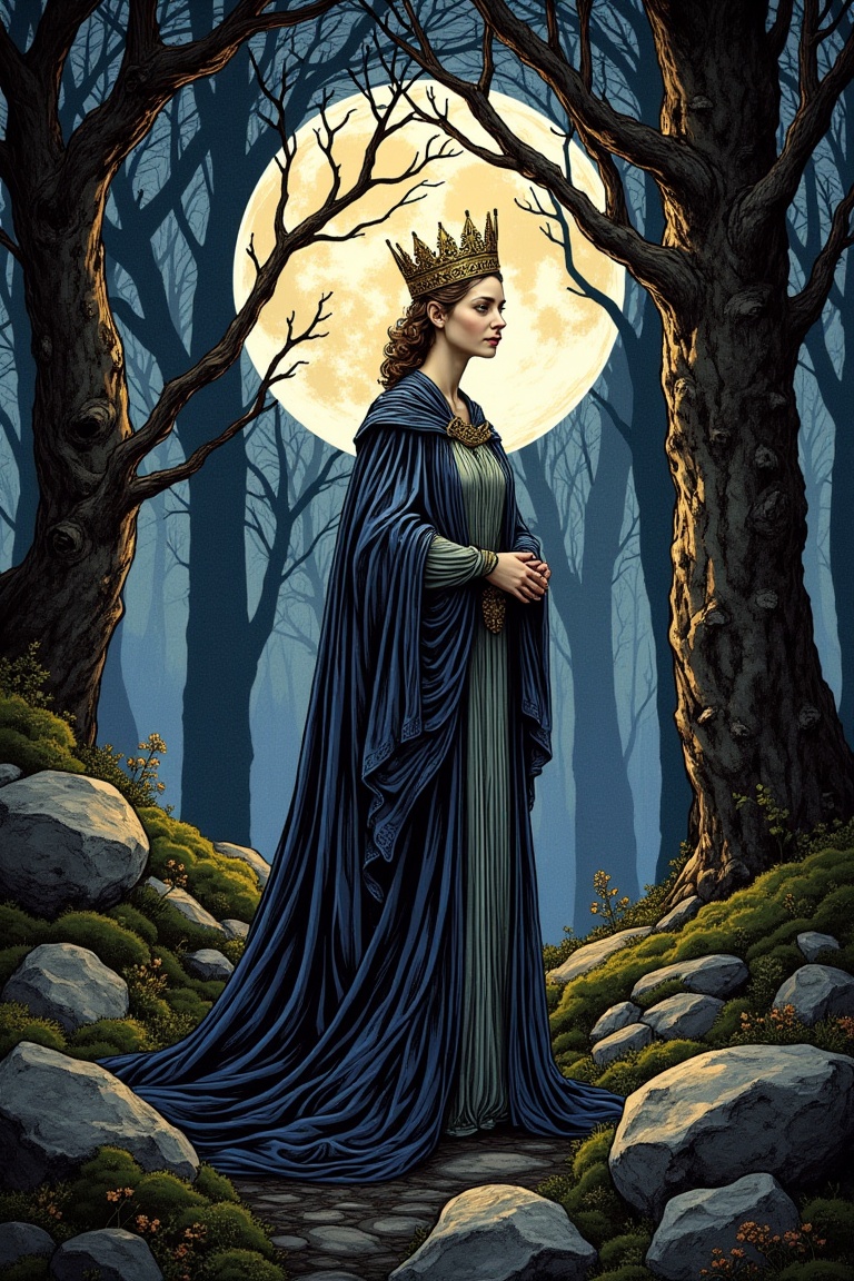 A regal fairytale queen stands centered in a moonlit forest clearing,  full-body portrait,  facing slightly three-quarter...