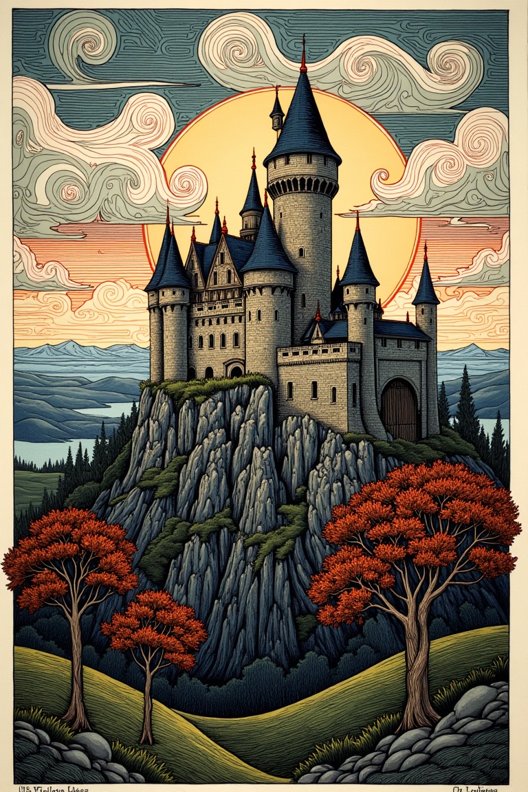 This stylized woodblock print captures a tall fairytale castle perched on a hill,  centered in cinematic fairytale mood,...