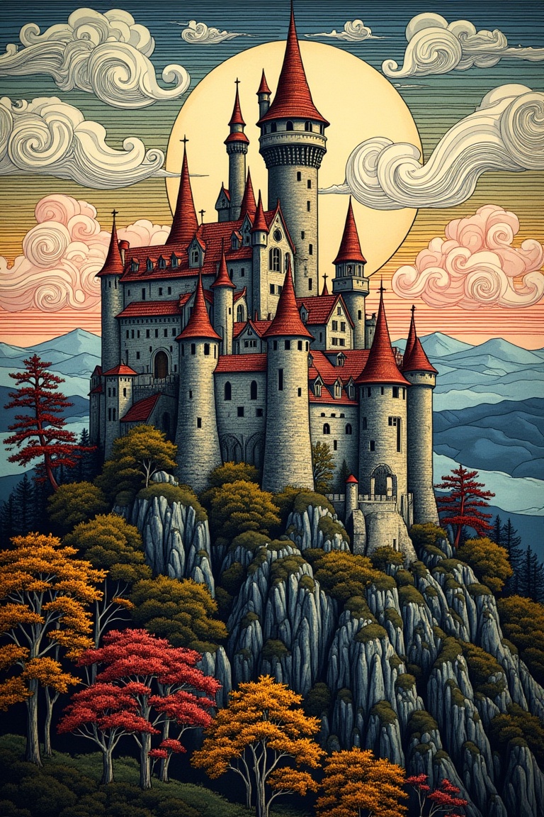This stylized woodblock print captures a tall fairytale castle perched on a hill,  centered in cinematic fairytale mood,...
