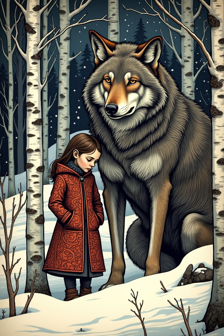A stylized woodblock print: Girl in a heavy carved-pattern coat stands beside a massive stylized wolf,  both rendered in b...