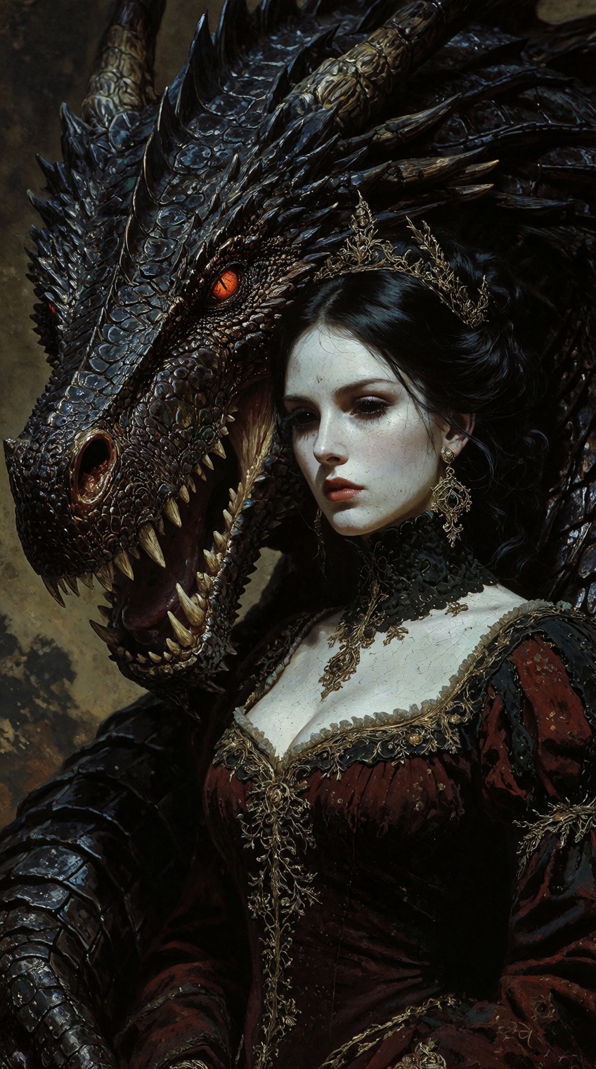 dark fantasy art style,  A close-up portrait painting of a pale woman with black hair and eyes standing next to a large da...