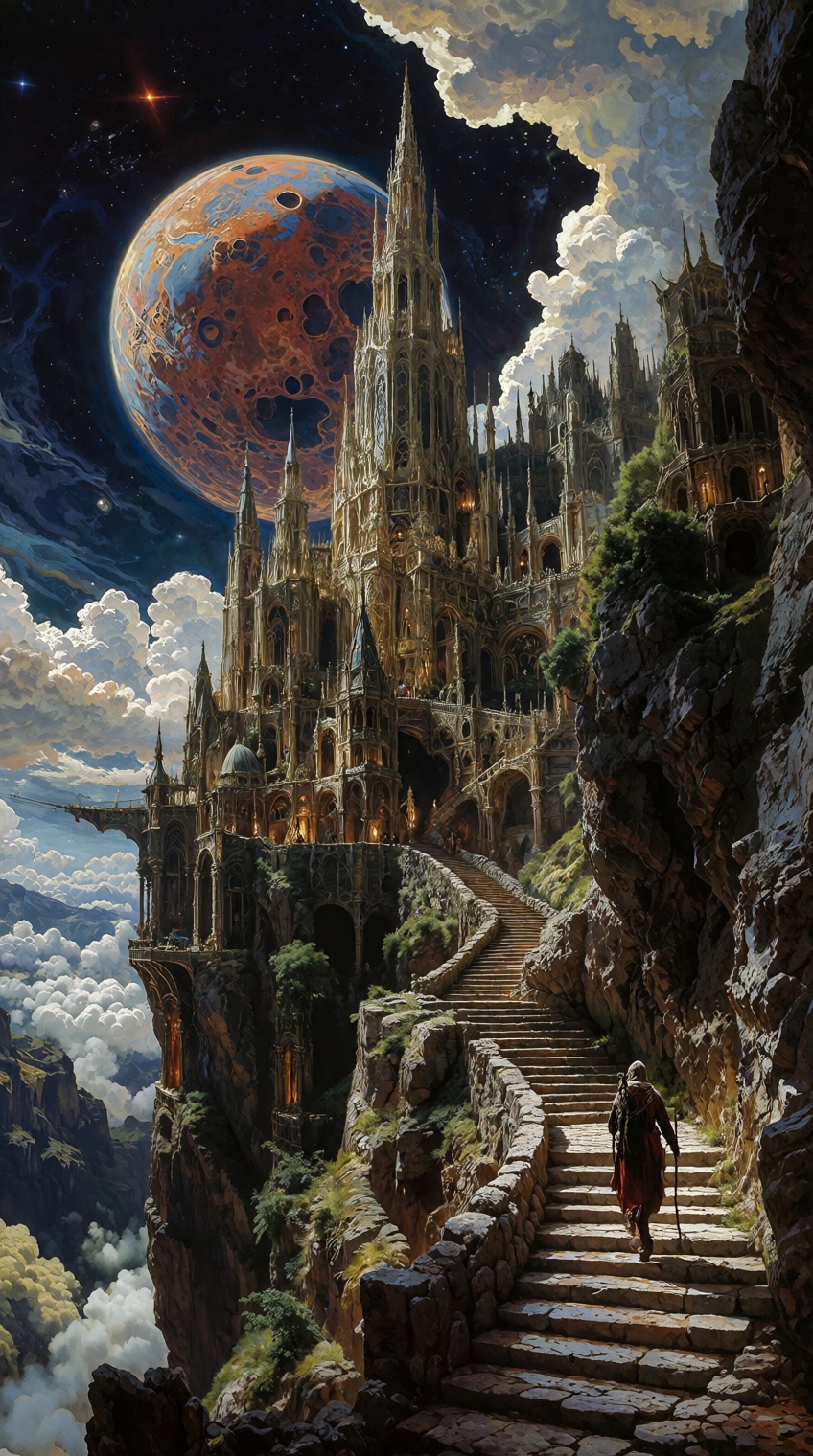 A lone traveler with a walking staff begins an ascent up a winding stone staircase carved into a cliffside. The path leads...