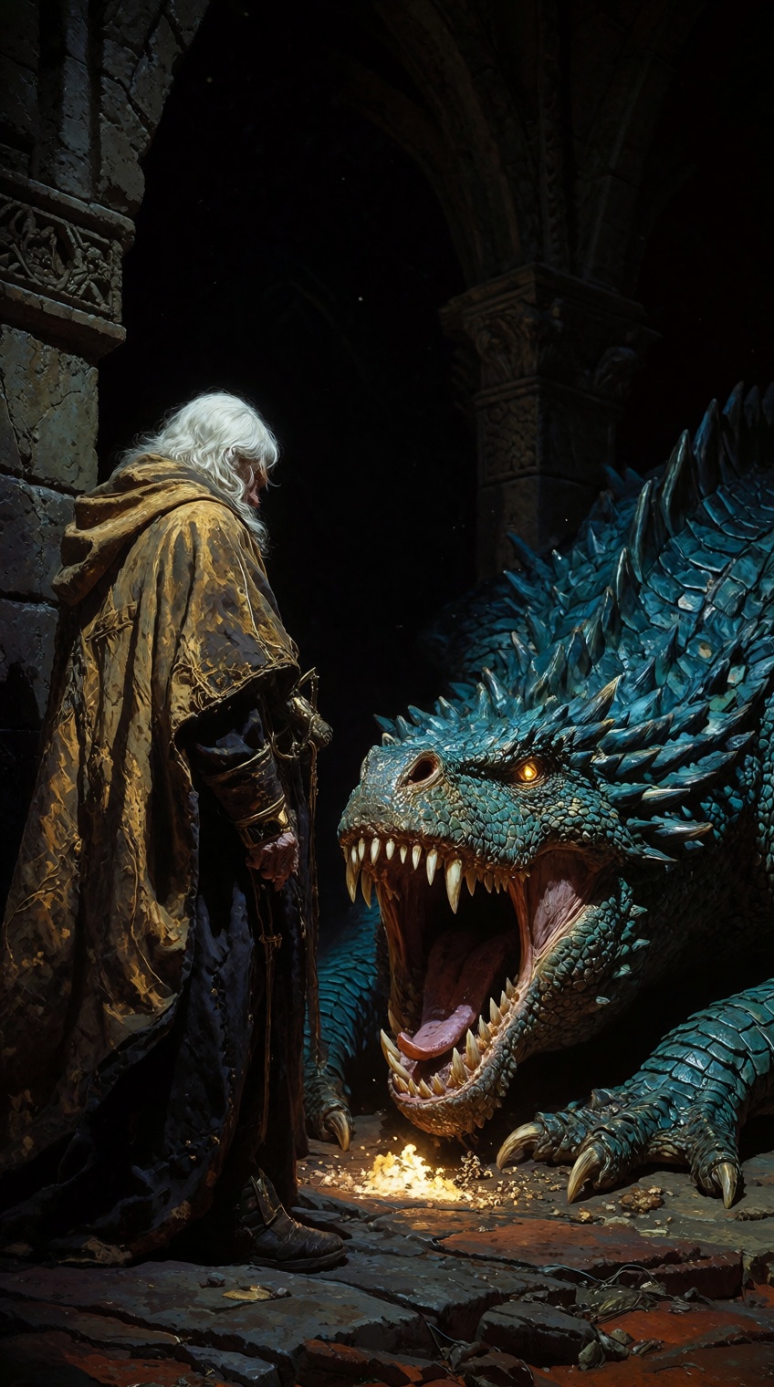 In the oppressive darkness of a cavernous stone dungeon,  a lone,  white-haired mage in a heavy golden cloak stands his gr...