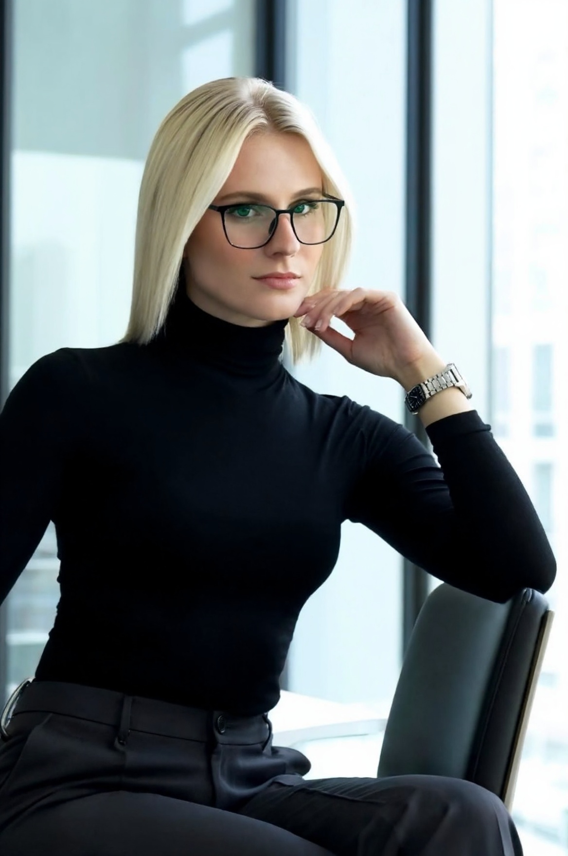 SUBJECT: wo4nbd4,  blonde hair in a sleek straight style,  piercing dark green eyes on Tensor.Art