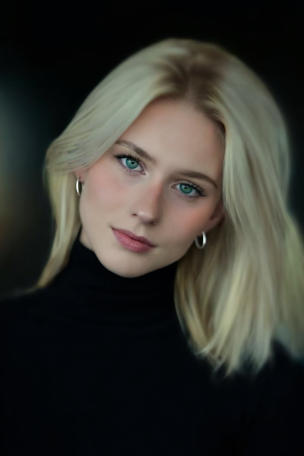 SUBJECT: wo4nbd4,  blonde hair softly framing her face,  piercing green-blue eyes CLOTHING: black turtleneck sweater ACCES...