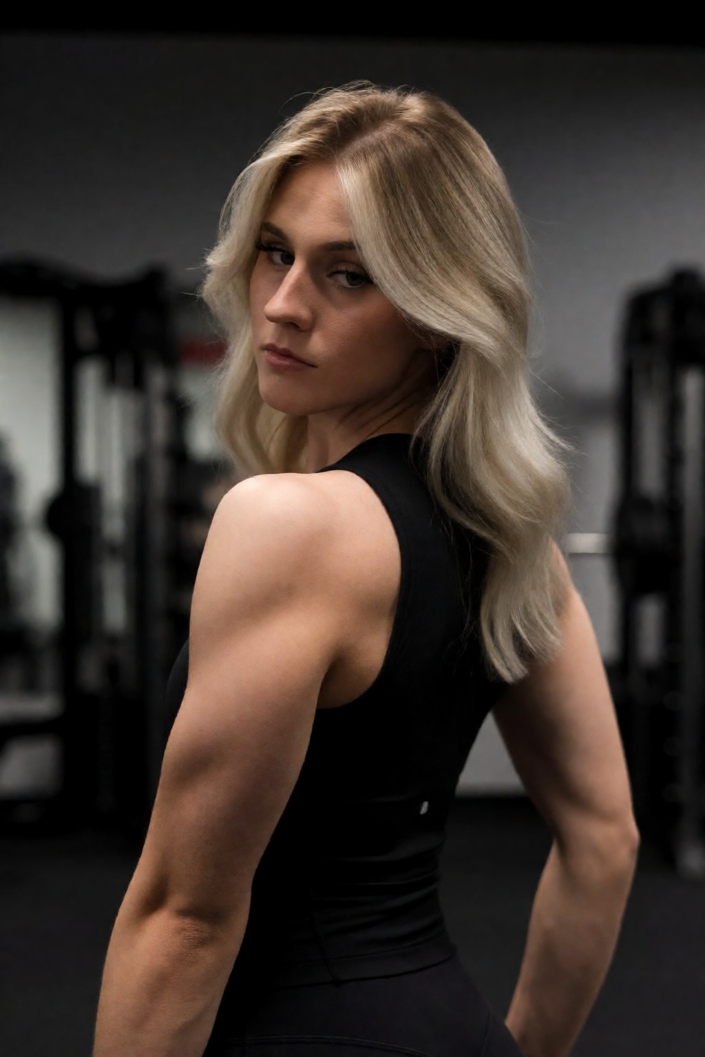 A medium shot captures wo4nbd4 in a dimly lit gym setting,  positioned with her back to the viewer while glancing over her...