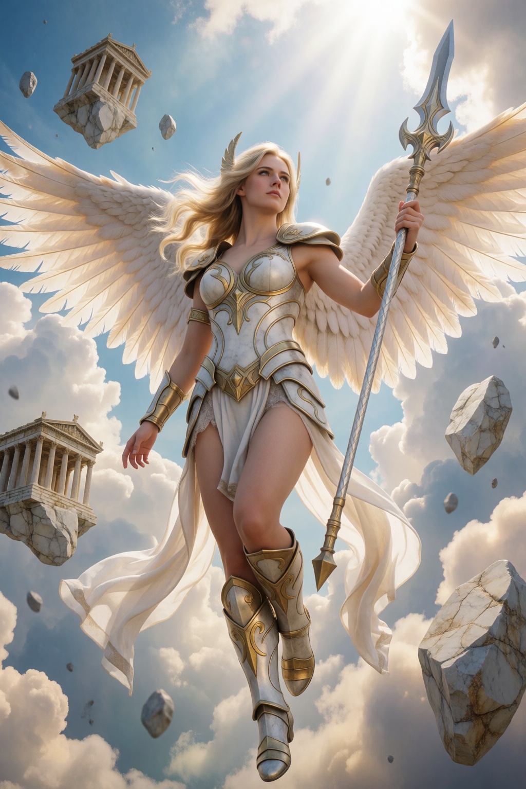 wo4nbd4 appears as a celestial valkyrie descending from the clouds,  wearing ornate white and gold armor sculpted to empha...