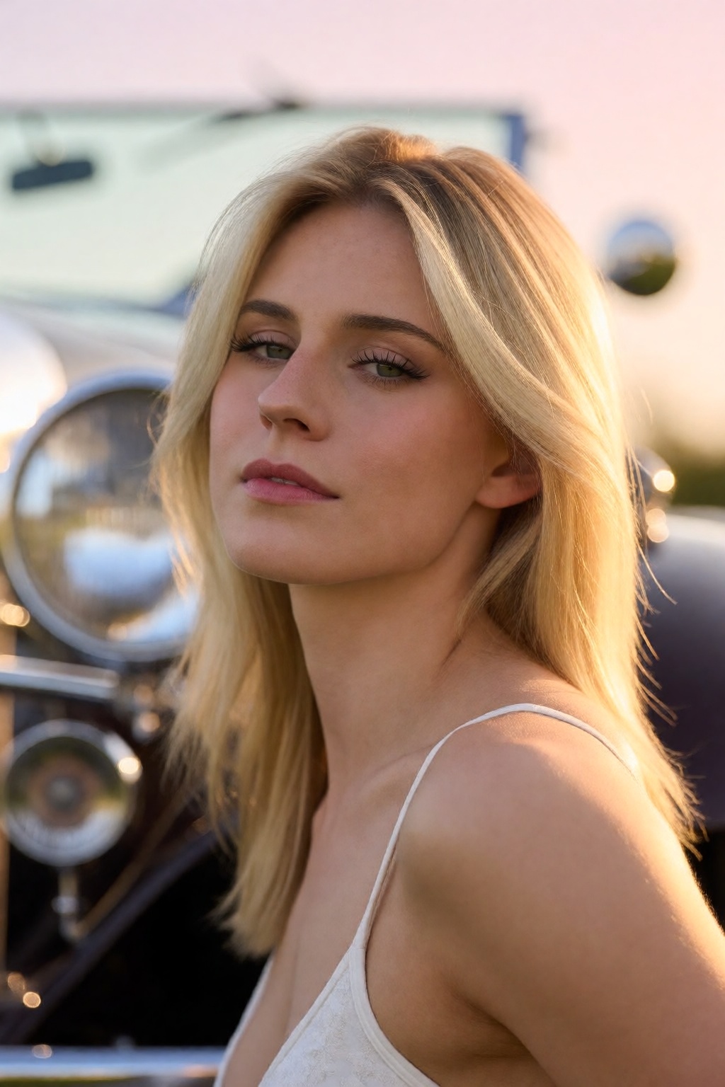 wo4nbd4 is photographed outdoors beside a classic vintage roadster during the final moments of golden hour,  with only a s...