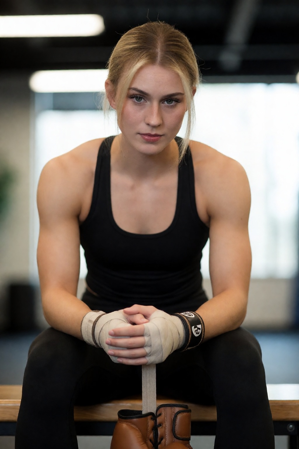 wo4nbd4 prepares for a training session by wrapping her hands inside an upscale boxing gym,  seated calmly on a wooden ben...