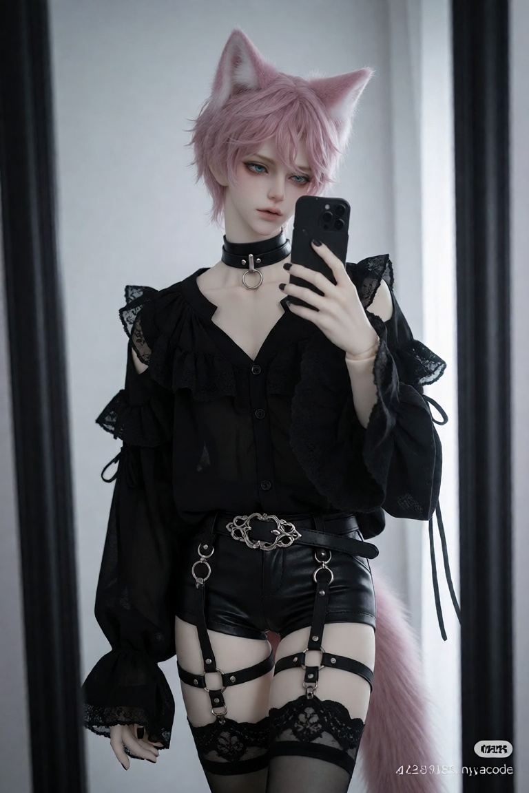 DLLBTY. a young man with short pink hair and striking blue eyes stands in front of a mirror,  holding a phone in one hand....