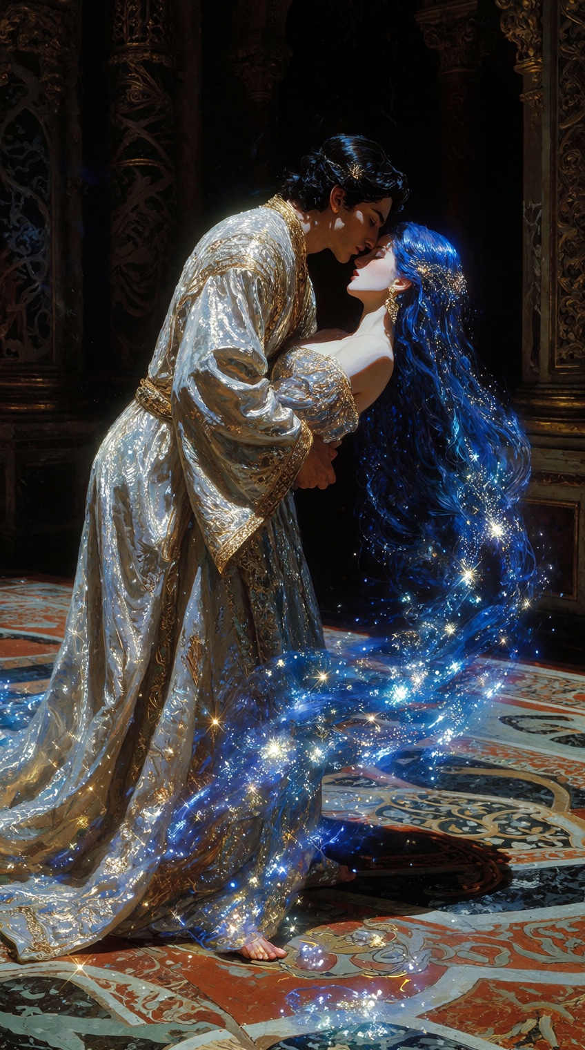 A digital illustration of a romantic moment between a man and a woman,  captured from a low angle,  focusing on the couple...