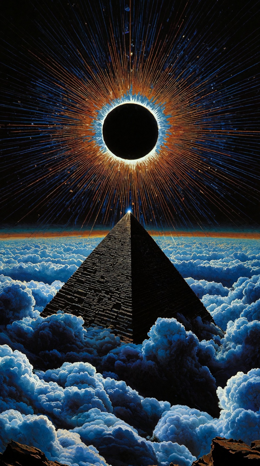 A lone,  monolithic pyramid rises from an ocean of painterly blue clouds,  its peak perfectly aligned with a path leading...