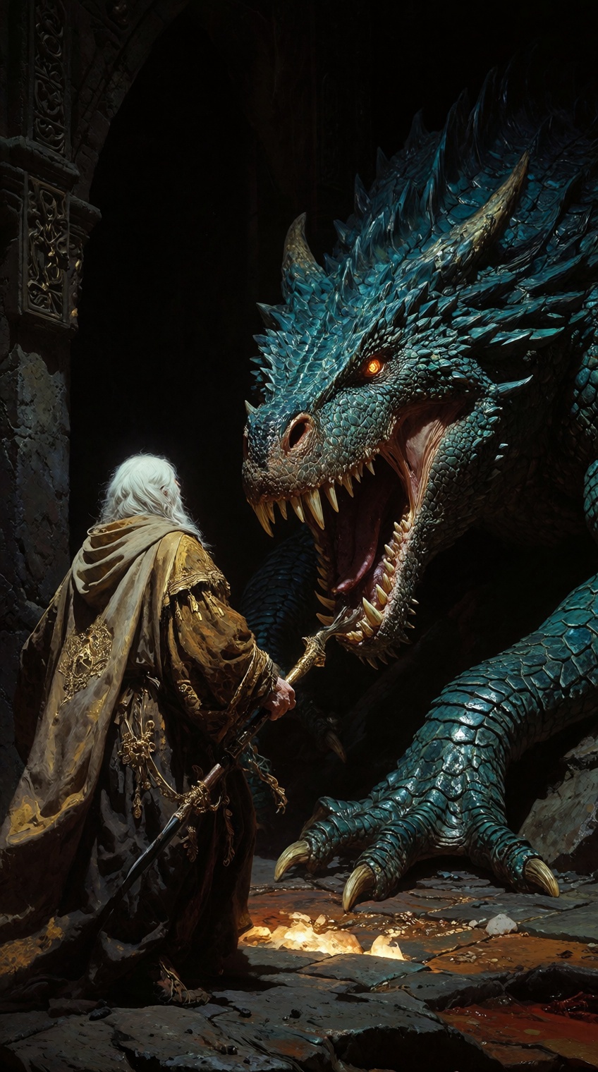 In the oppressive darkness of a cavernous stone dungeon,  a lone,  white-haired mage in a heavy golden cloak stands his gr...