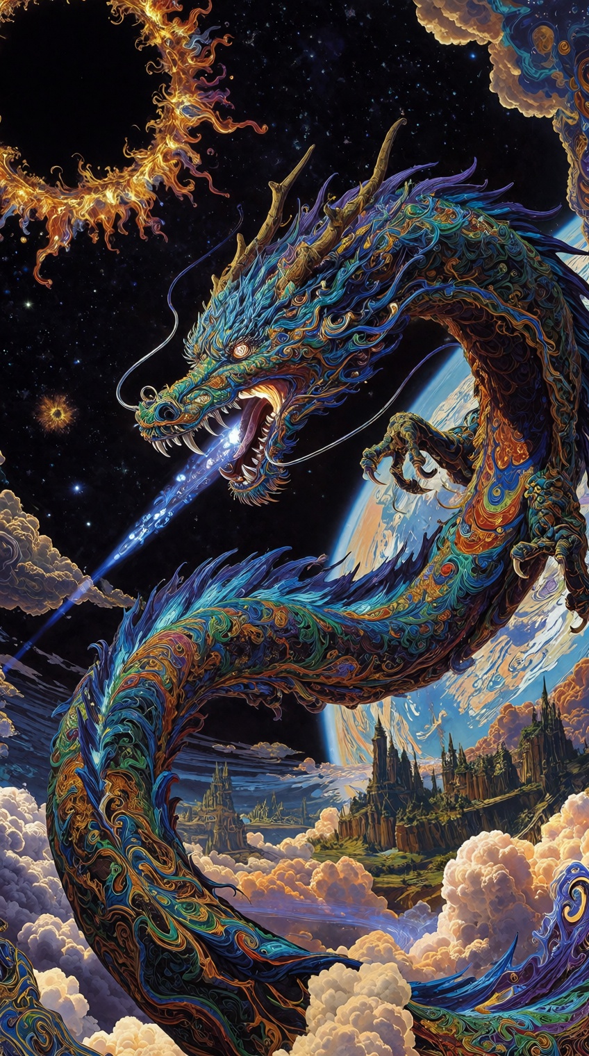 A vibrant,  psychedelic digital illustration from a below camera angle,  depicting a fantastical dragon with a long on Ten...