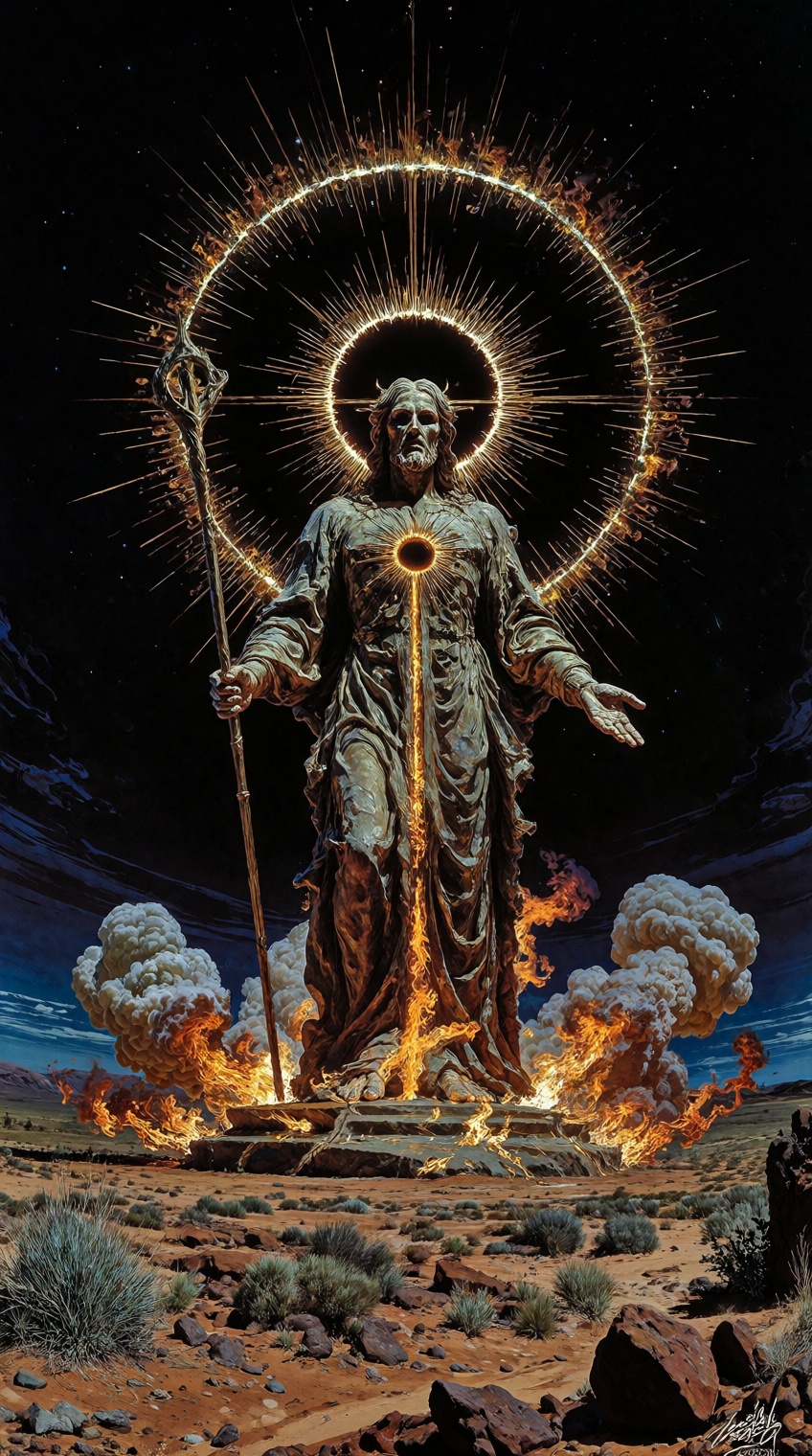 A surreal illustration of a statue of jesus standing in the middle of a desert landscape,  surrounded by a halo of light a...