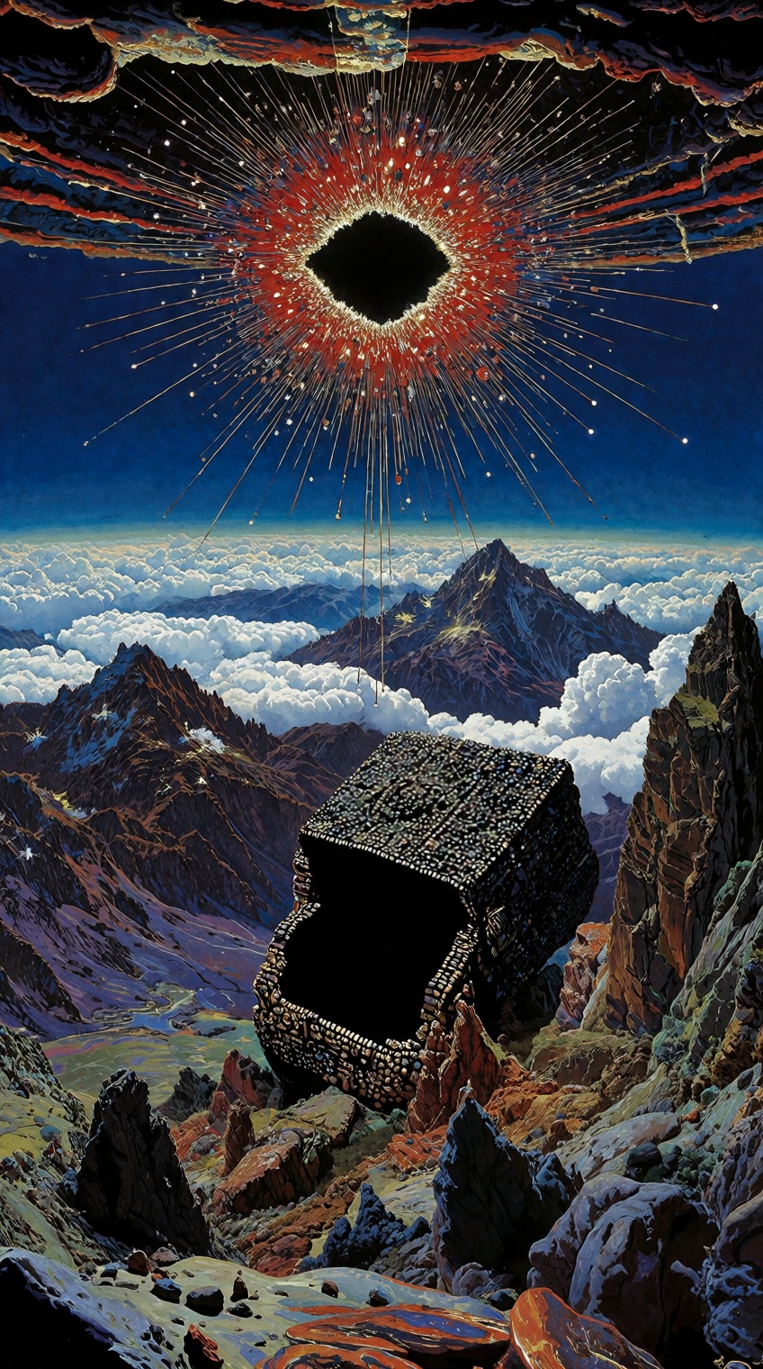 A surreal,  psychedelic illustration from a far camera angle about a surreal landscape with mountains and a large,  glowin...