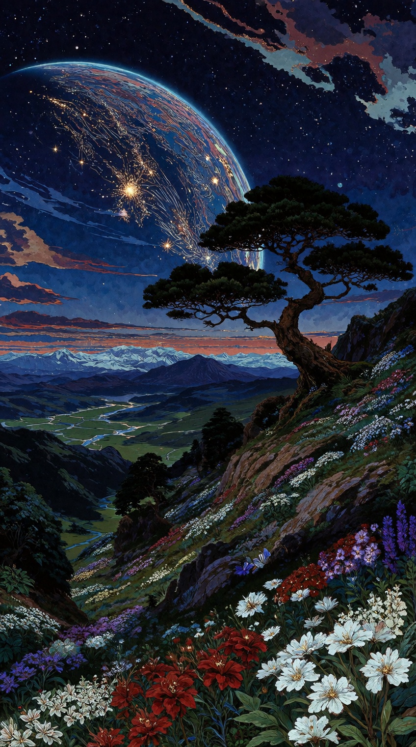 A stunning,  detailed,  pixel art depiction of a starry night sky over a mountainous landscape with a large on Tensor.Art