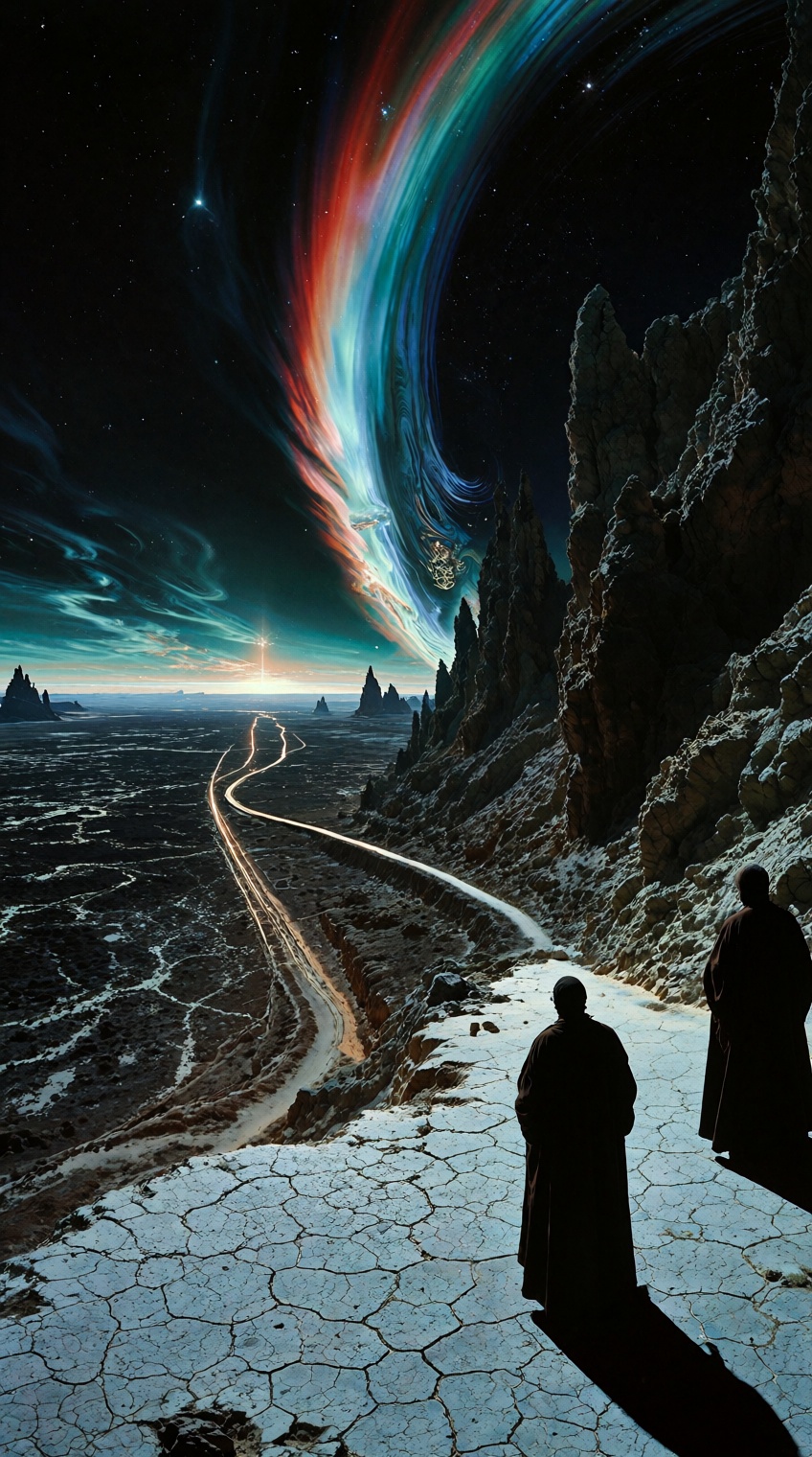 A sci-fi digital illustration shoot from a far camera angle about two silhouetted figures standing in a desolate landscape...