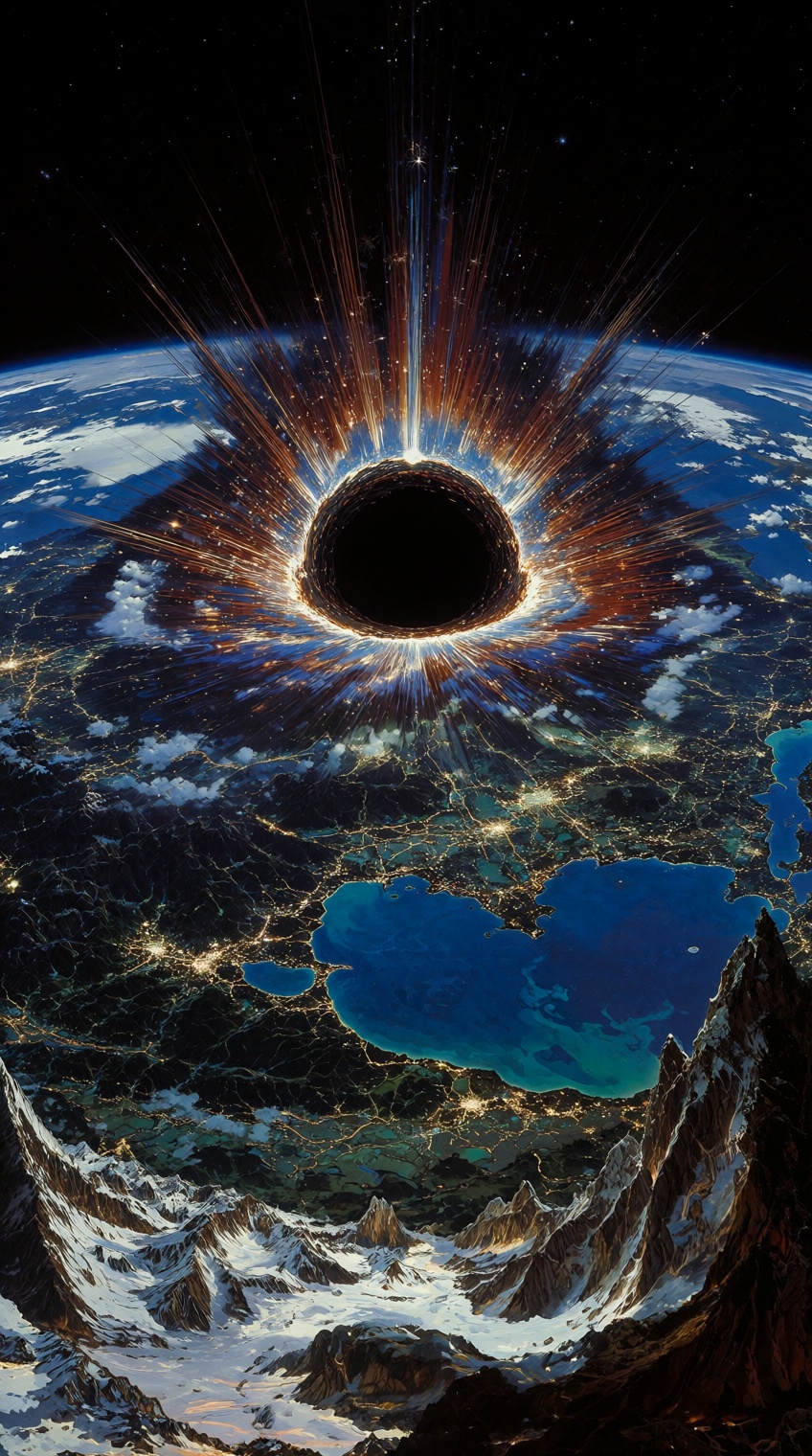 A surreal depiction of a massive black hole erupting over the earth from space,  captured from a birds eye view. the image...