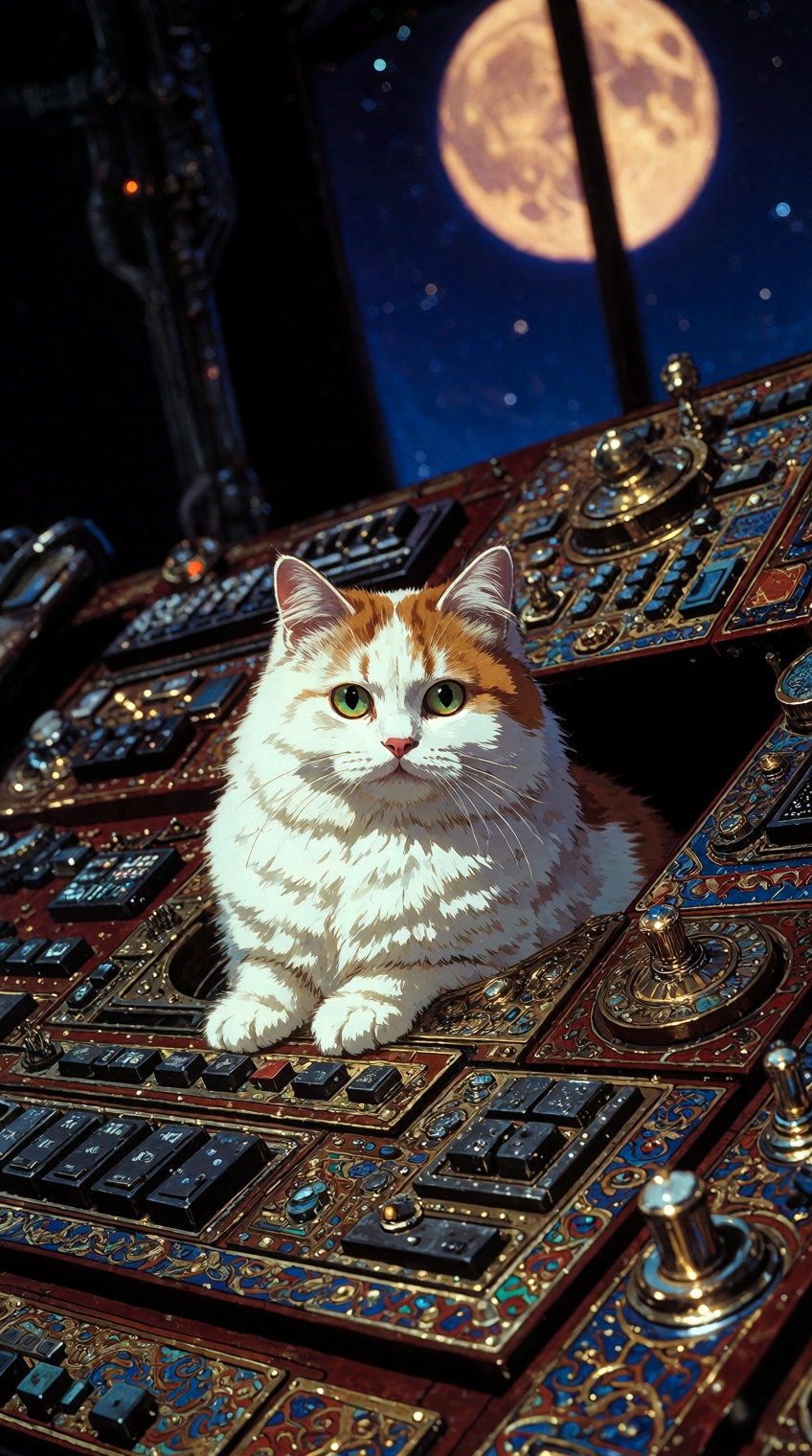 A digital illustration shoot from the side about a cat sitting in a futuristic control panel under a full moon. the image...