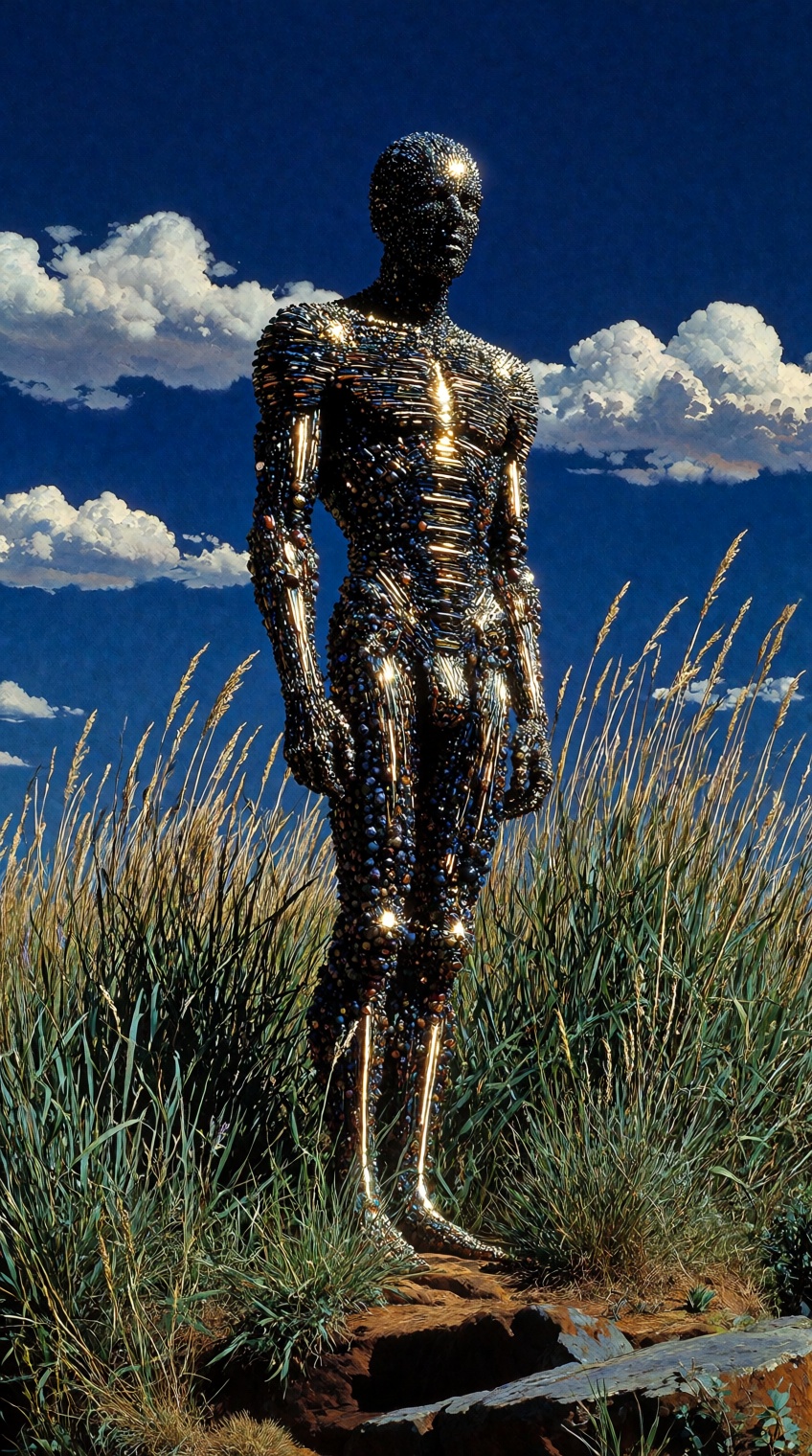 A surreal depiction of a humanoid figure made of small,  glowing objects,  standing tall against a backdrop of tall grass...