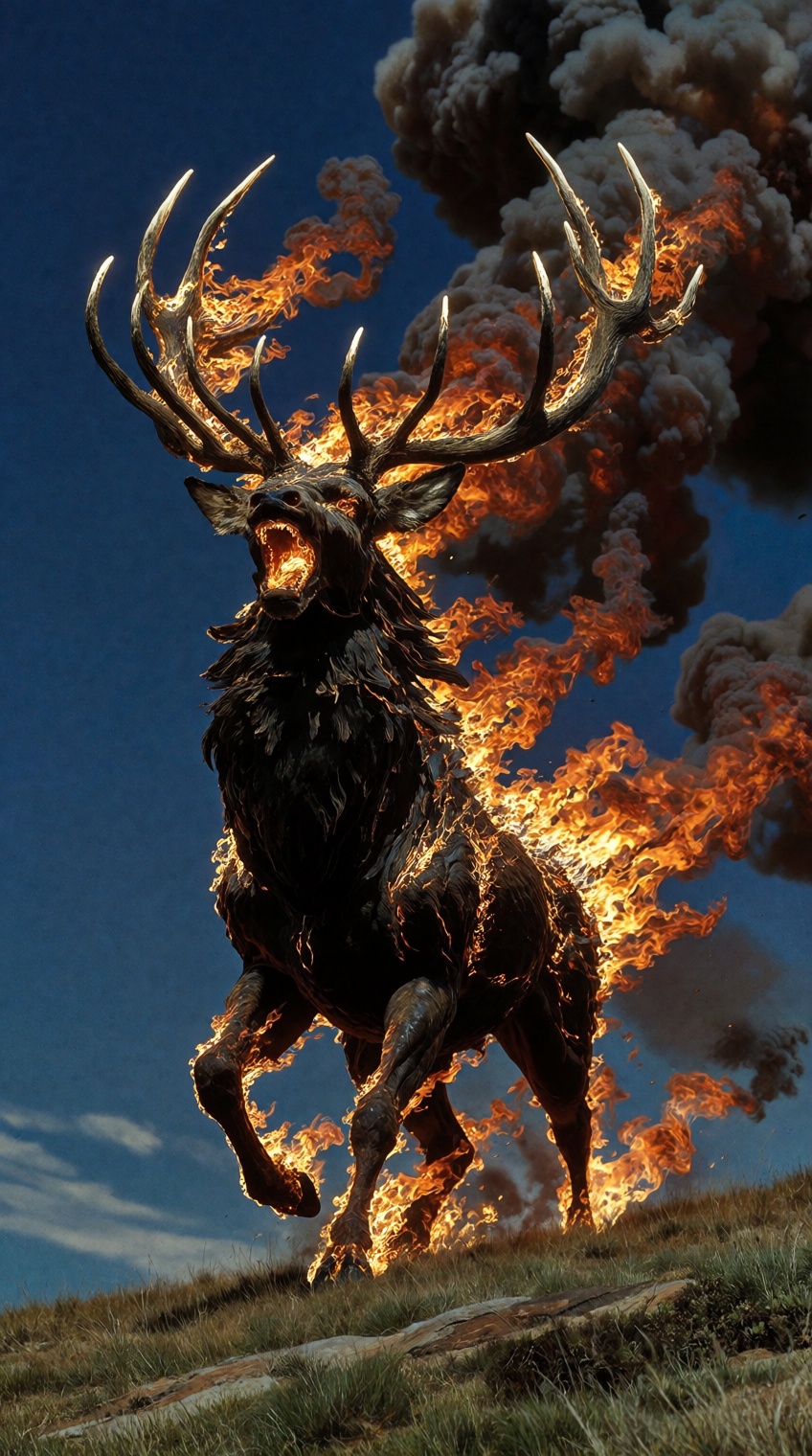 A great stag,  its body wreathed in roaring fire and smoke,  stands powerfully on a grassy hill against a blue sky. Its an...